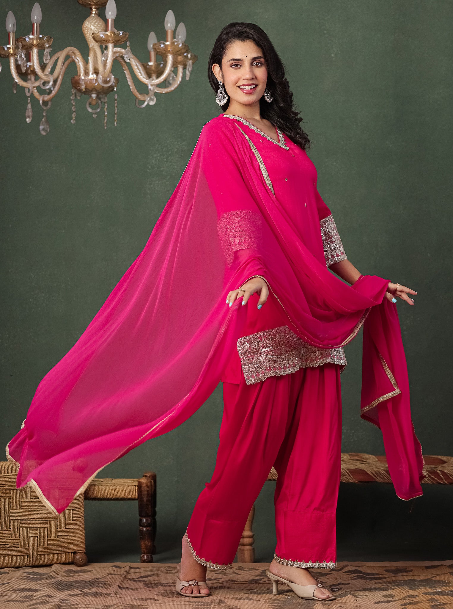 Pink Viscose Kurta With Farshi Salwar And Dupatta