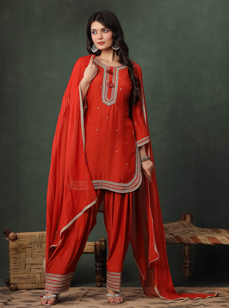 Orange Viscose Kurta With Farshi Salwar And Dupatta
