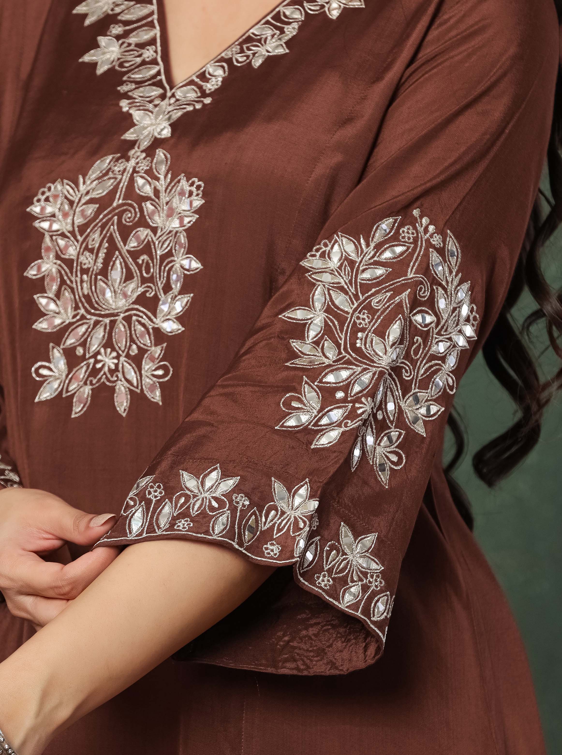 Brown Embroidered Kurta With Farshi Salwar And Dupatta