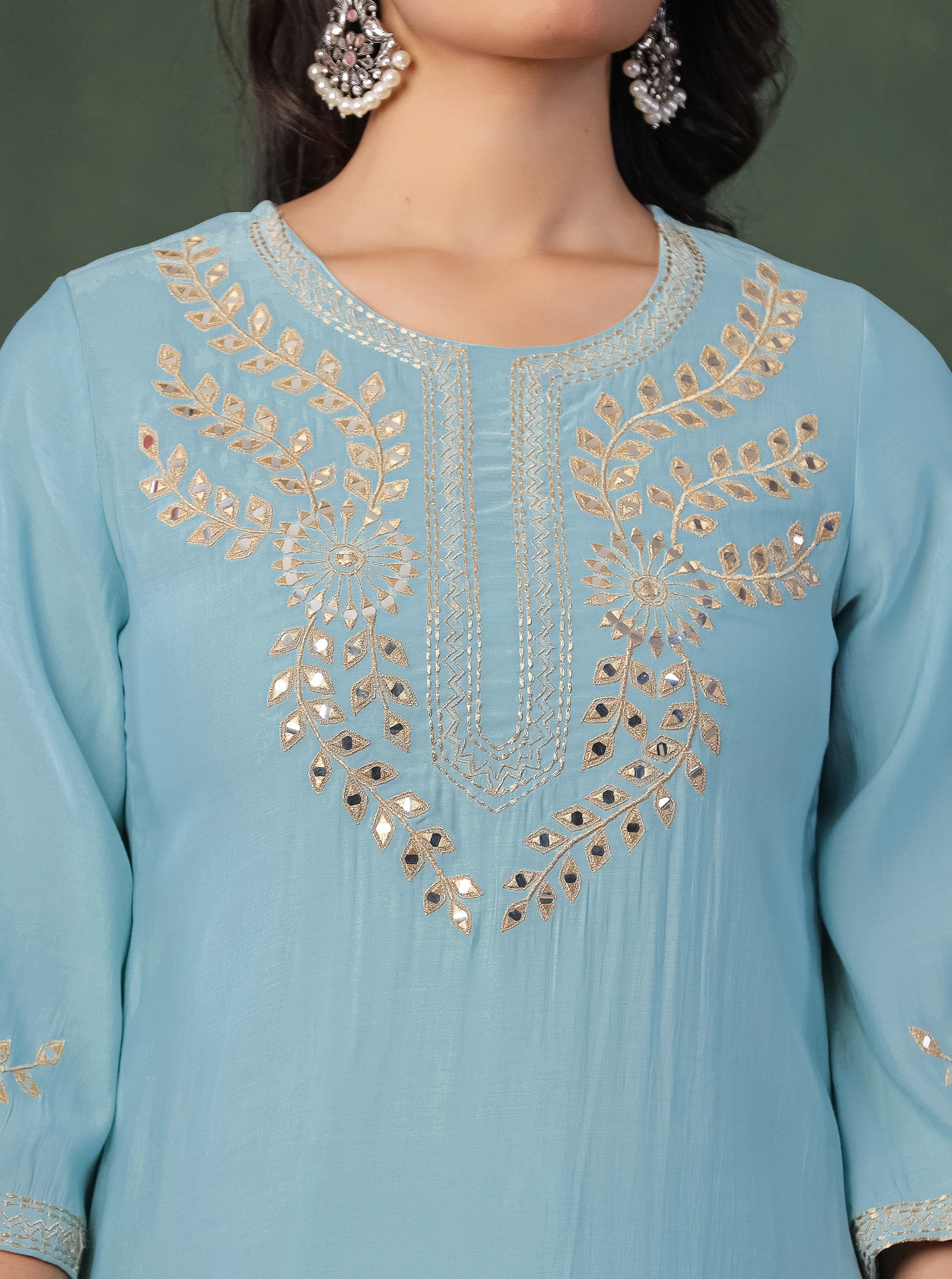 Sky Blue Embroidered Kurta With Farshi Salwar And Dupatta