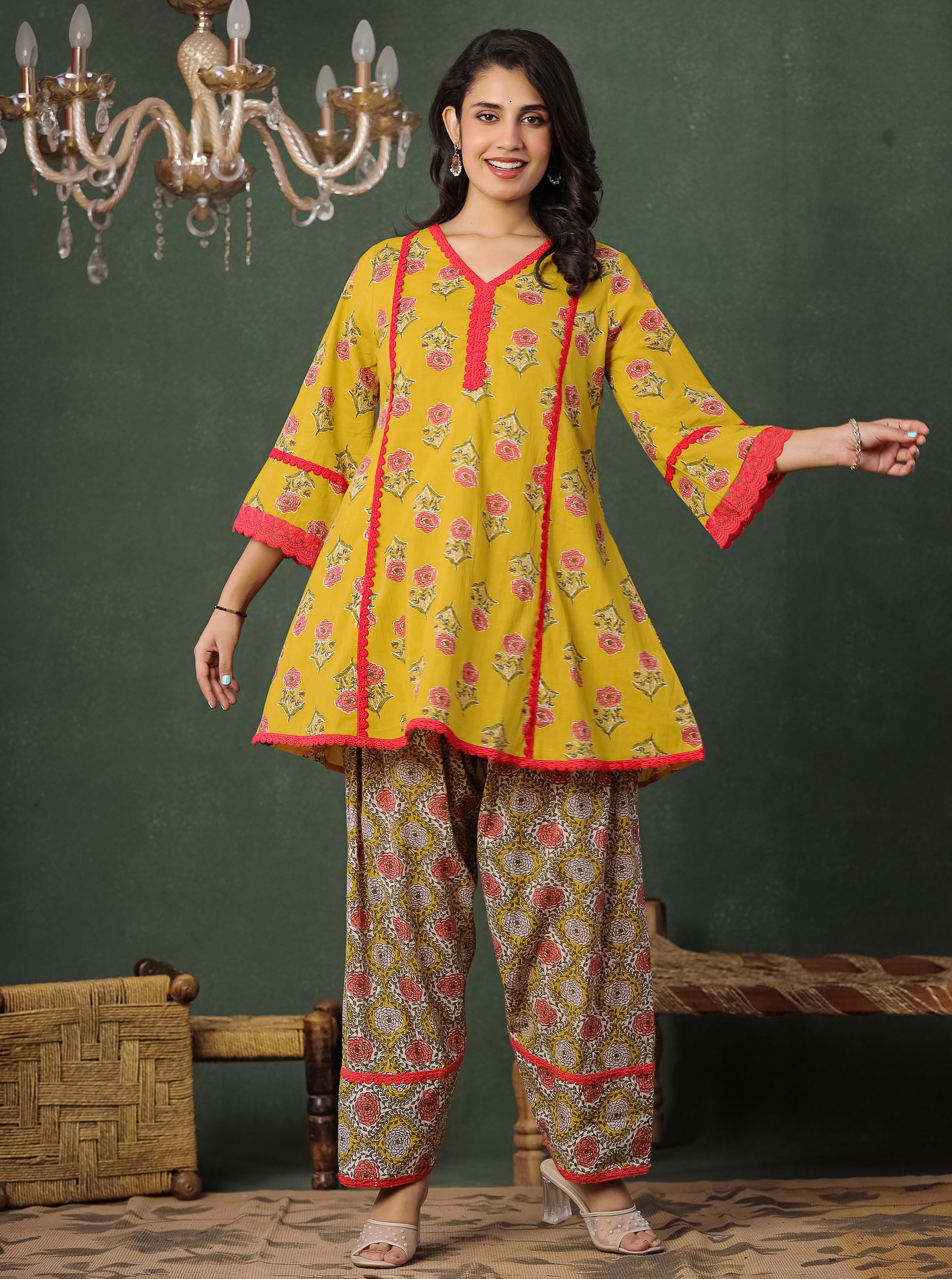 Mustard Yellow Floral Block Printed Kurta With Farshi Salwar