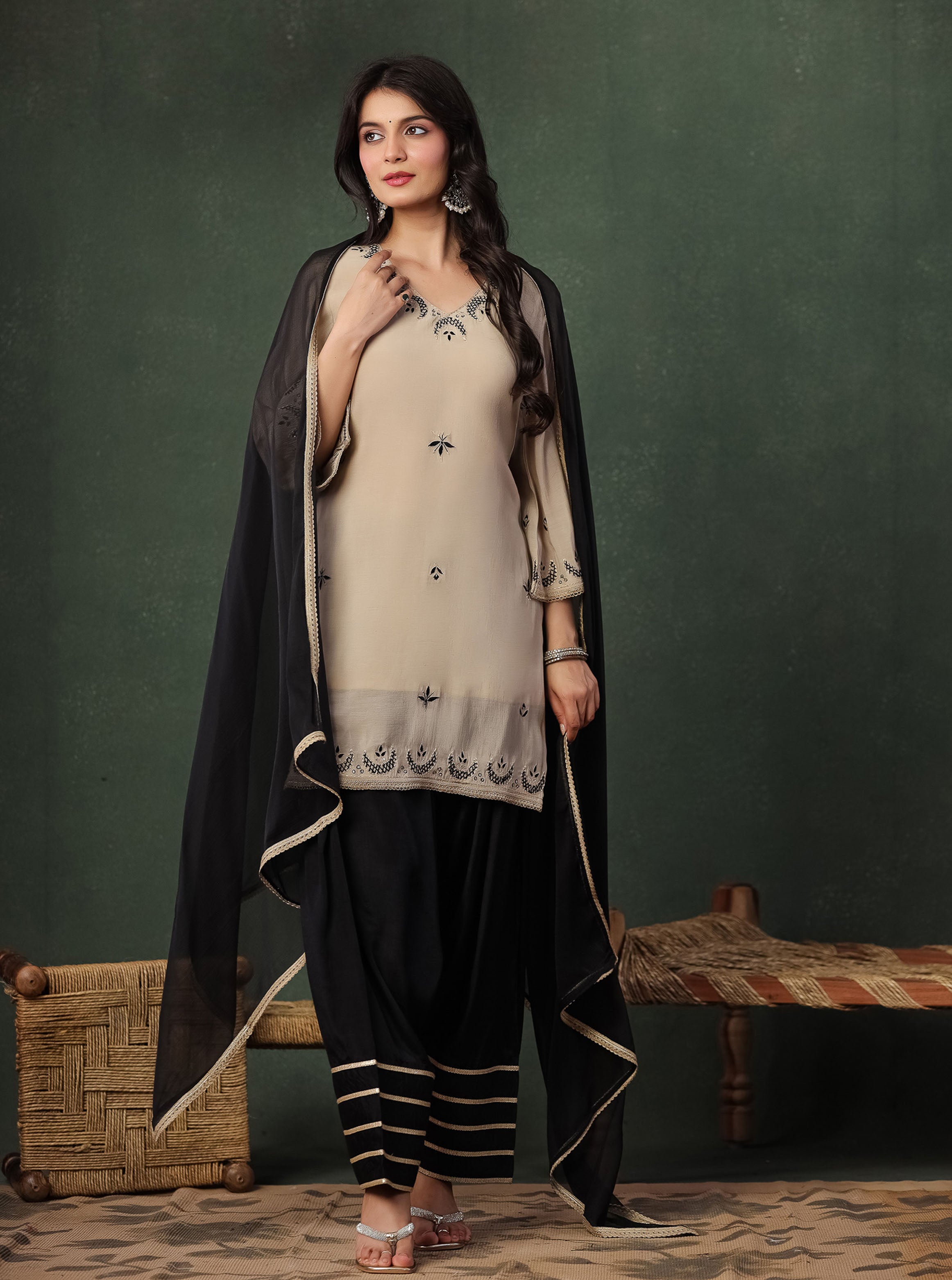 Beige Viscose Embroidered Kurta With Farshi Salwar And Dupatta