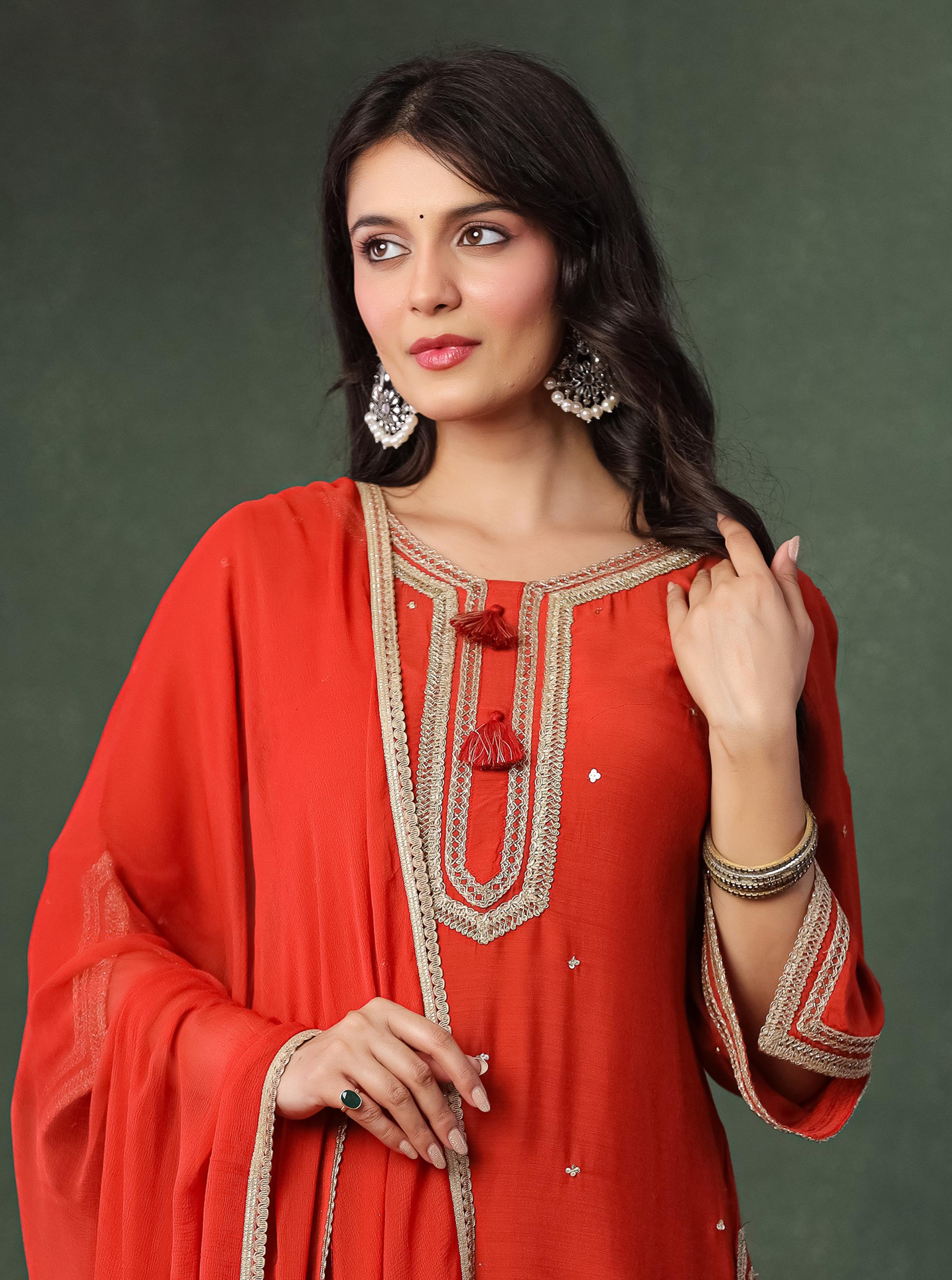 Orange Viscose Kurta With Farshi Salwar And Dupatta