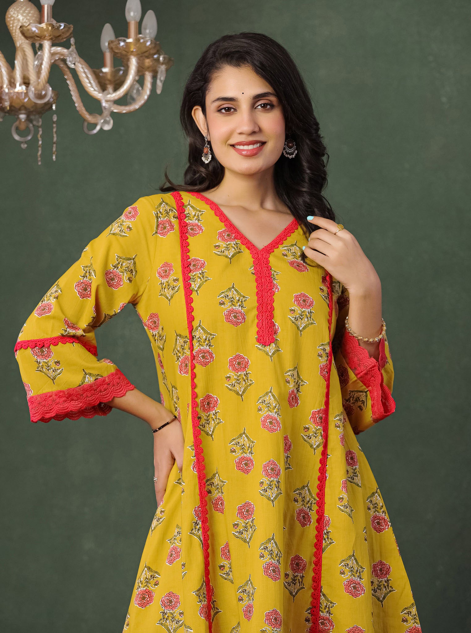 Mustard Yellow Floral Block Printed Kurta With Farshi Salwar