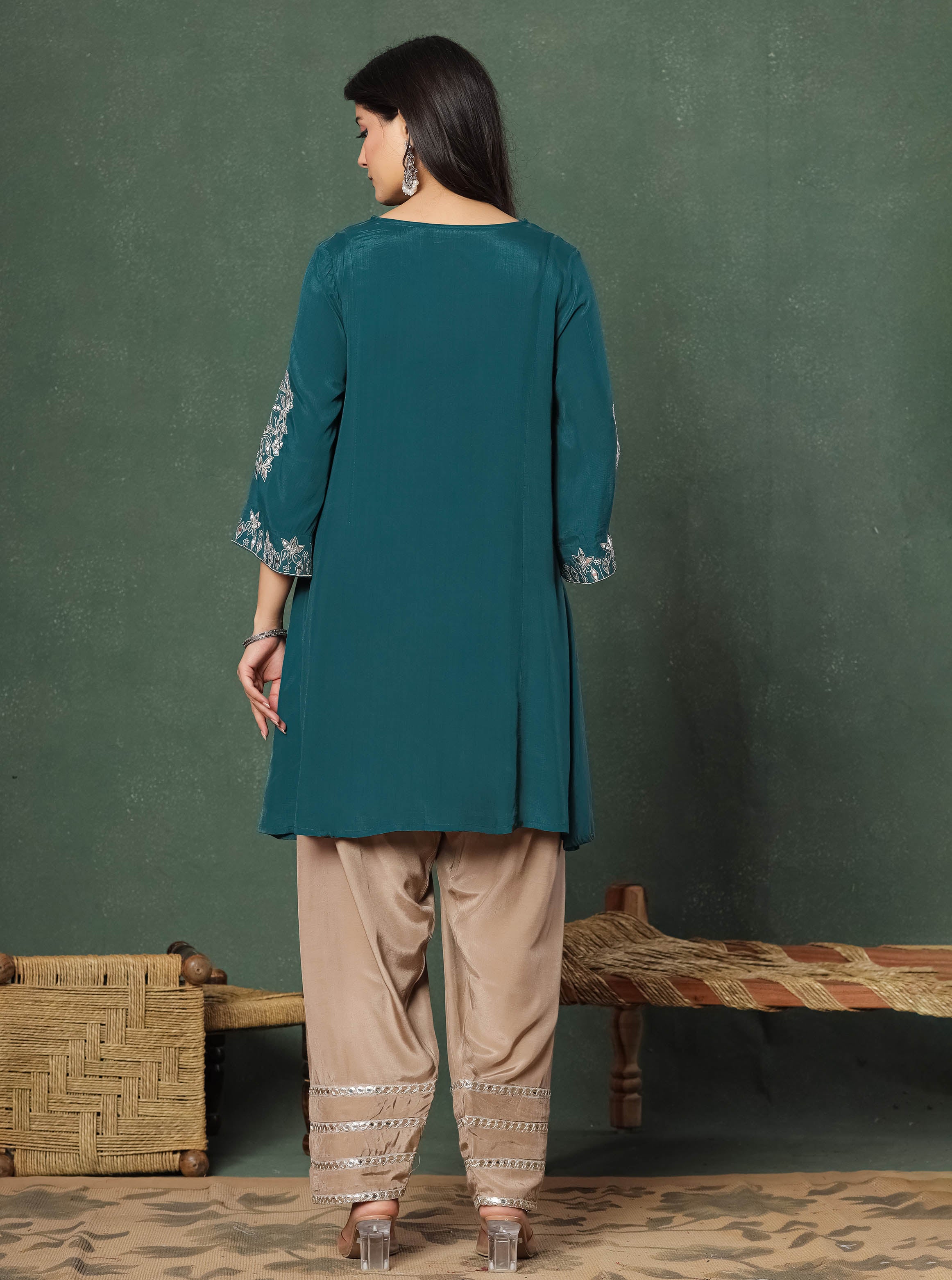 Green Embroidered Kurta With Farshi Salwar And Dupatta