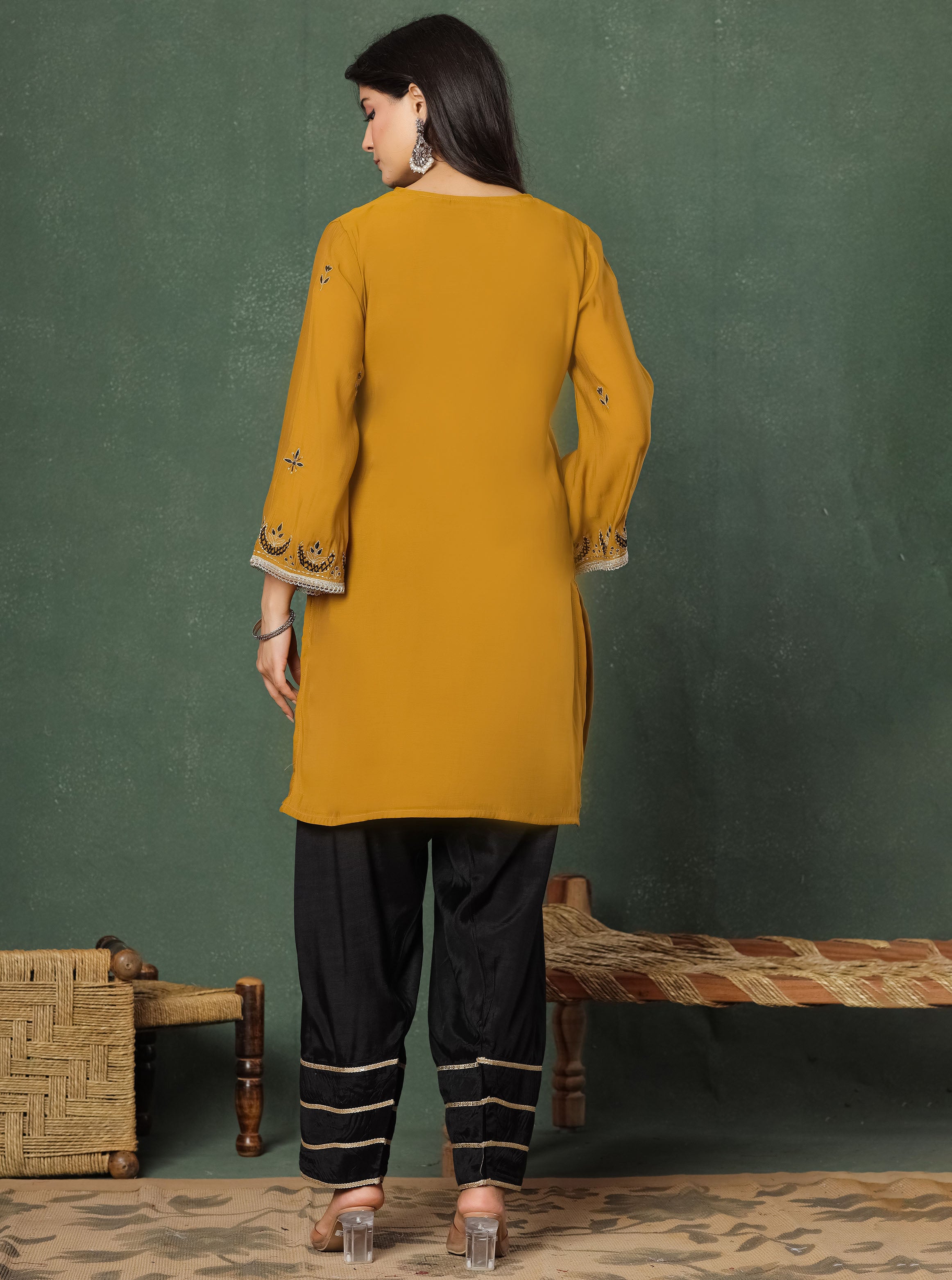 Mustard Embroidered Kurta With Farshi Salwar And Dupatta