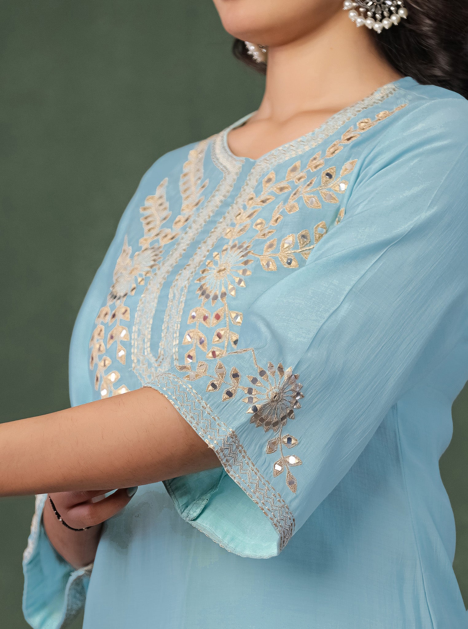 Sky Blue Embroidered Kurta With Farshi Salwar And Dupatta