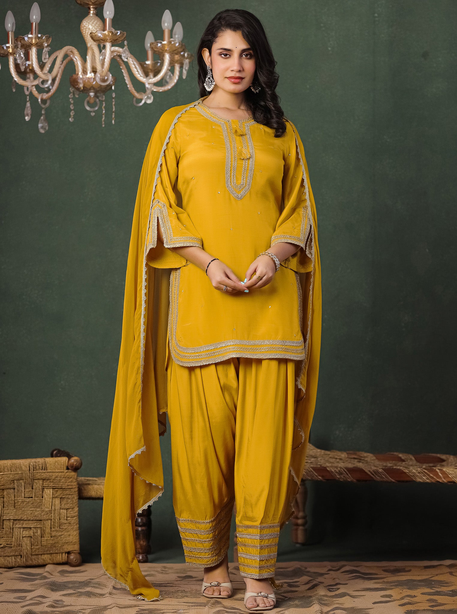 Golden Yellow Viscose Kurta With Farshi Salwar And Dupatta