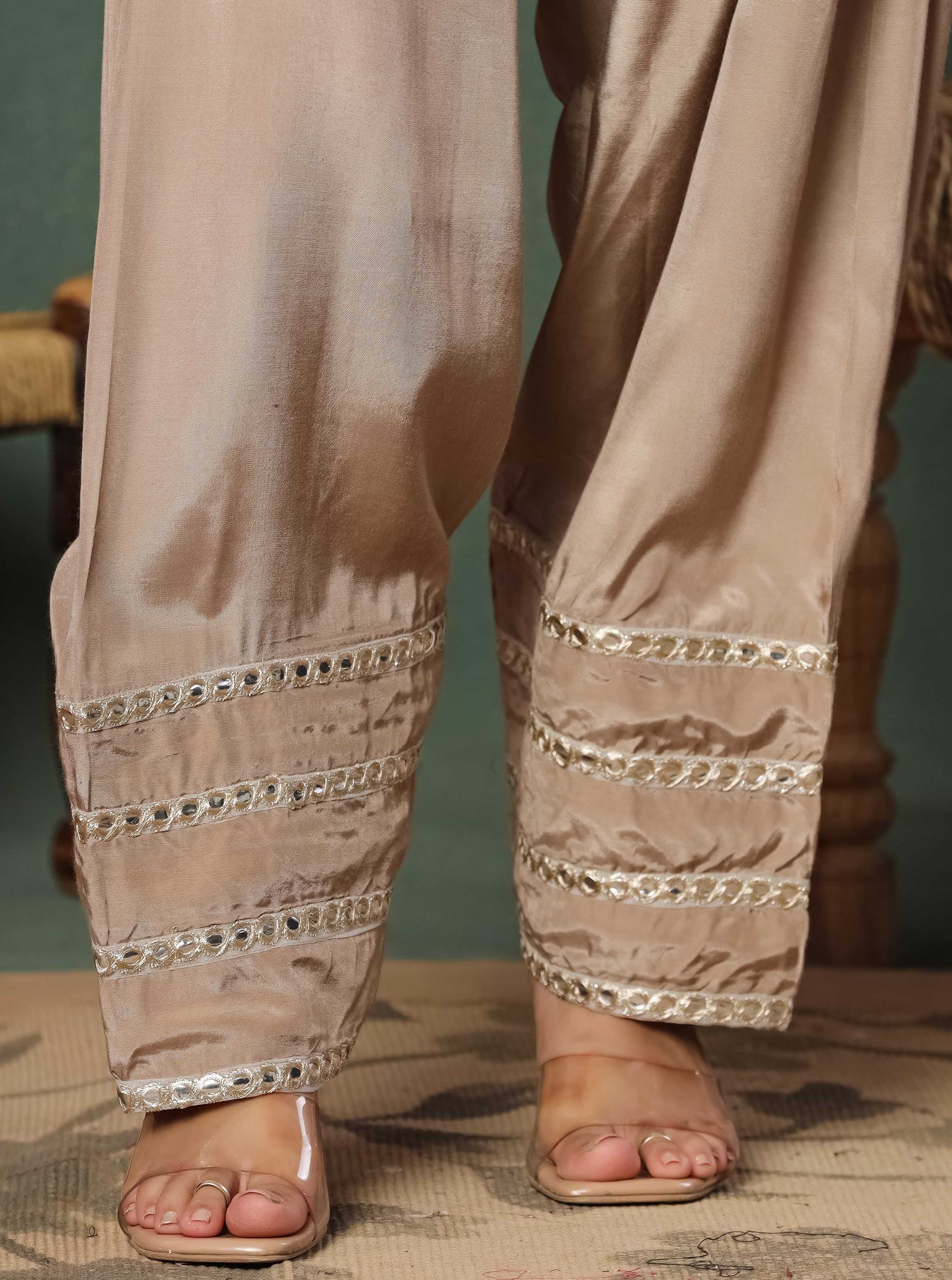 Brown Embroidered Kurta With Farshi Salwar And Dupatta