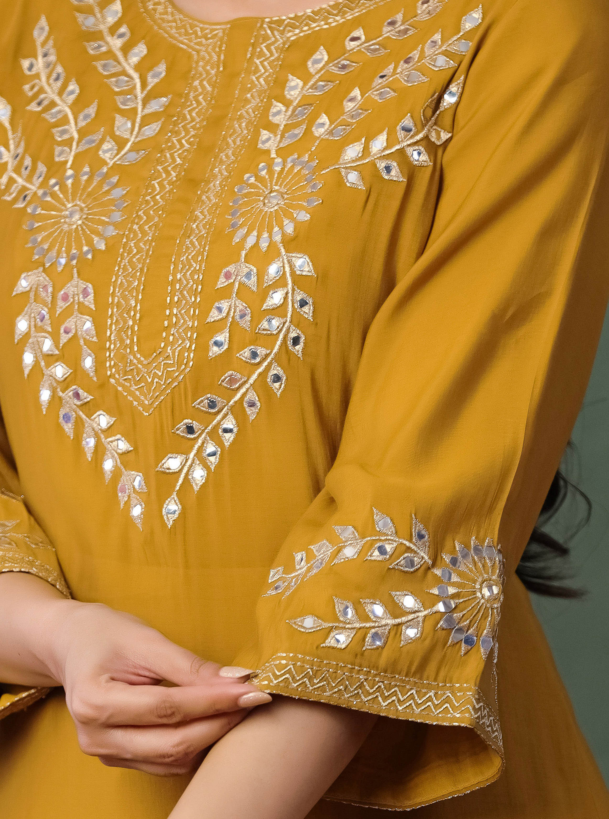 Mustard Embroidered Kurta & Plane Palazzo