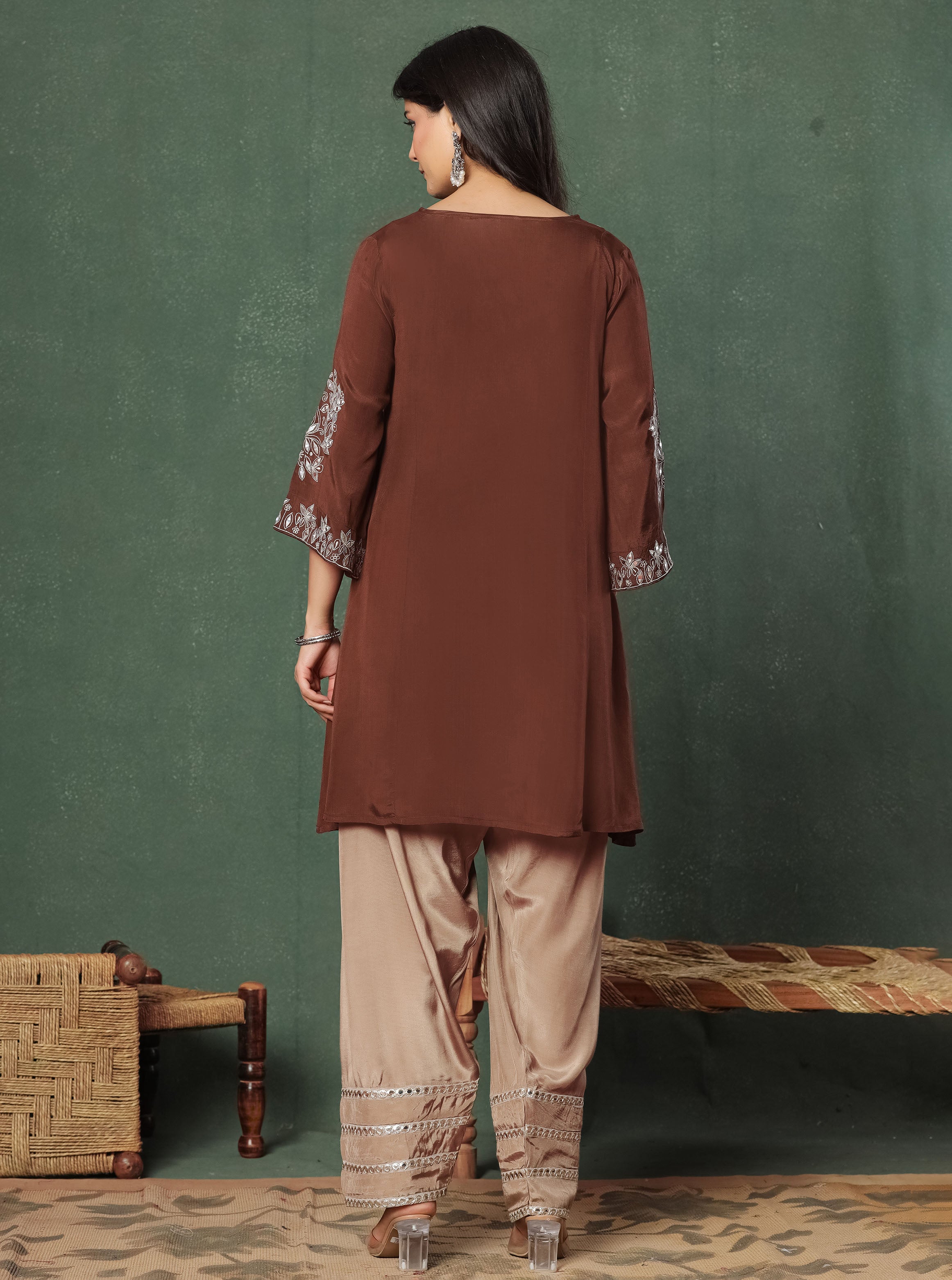 Brown Embroidered Kurta With Farshi Salwar And Dupatta