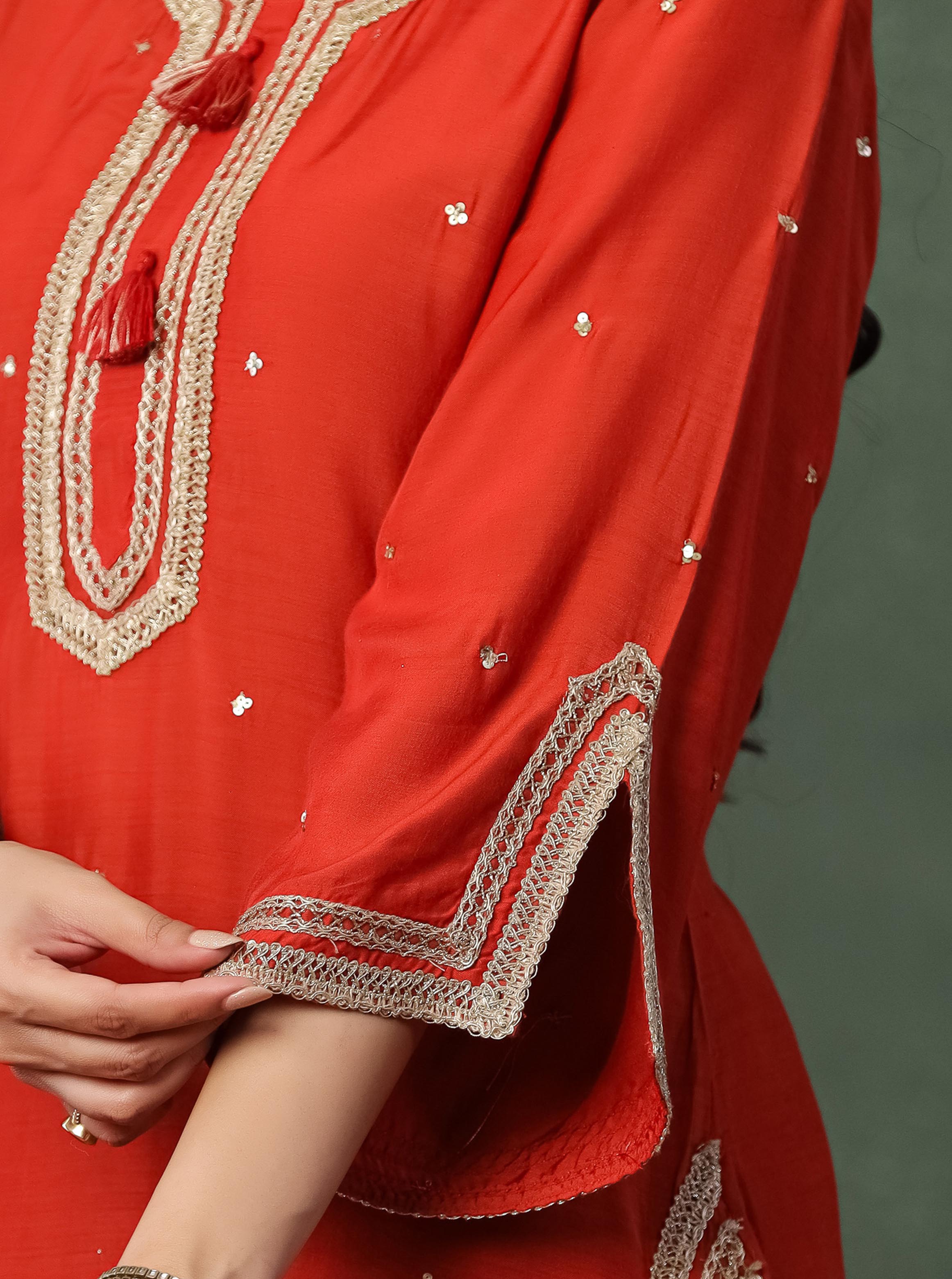 Orange Viscose Kurta With Farshi Salwar And Dupatta