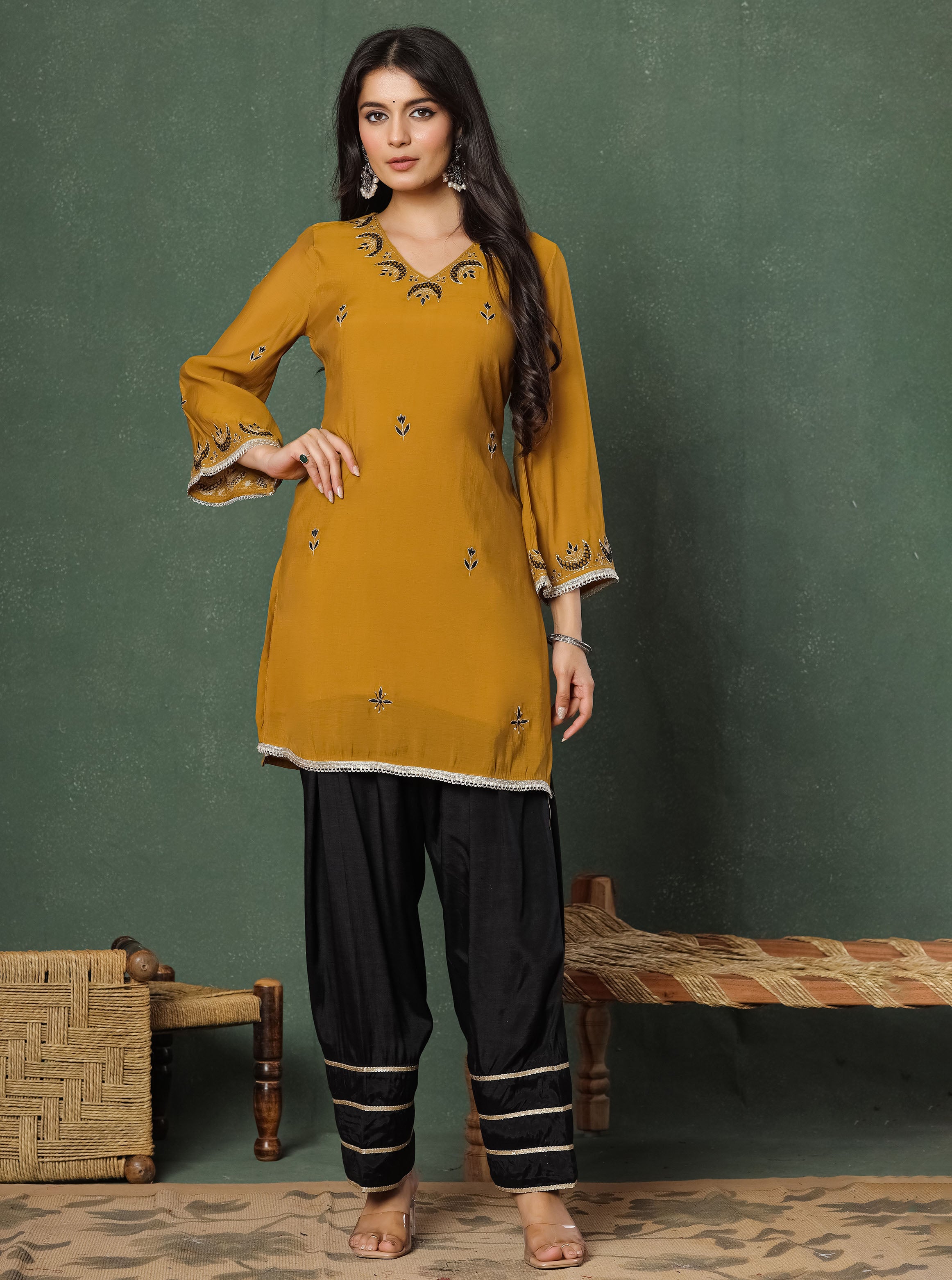 Mustard Embroidered Kurta With Farshi Salwar And Dupatta