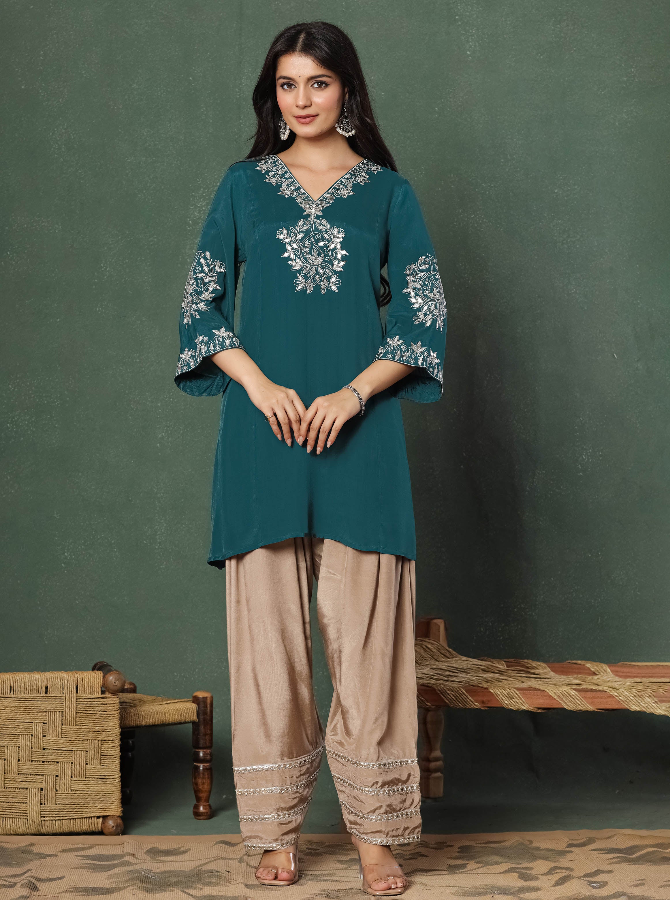 Green Embroidered Kurta With Farshi Salwar And Dupatta