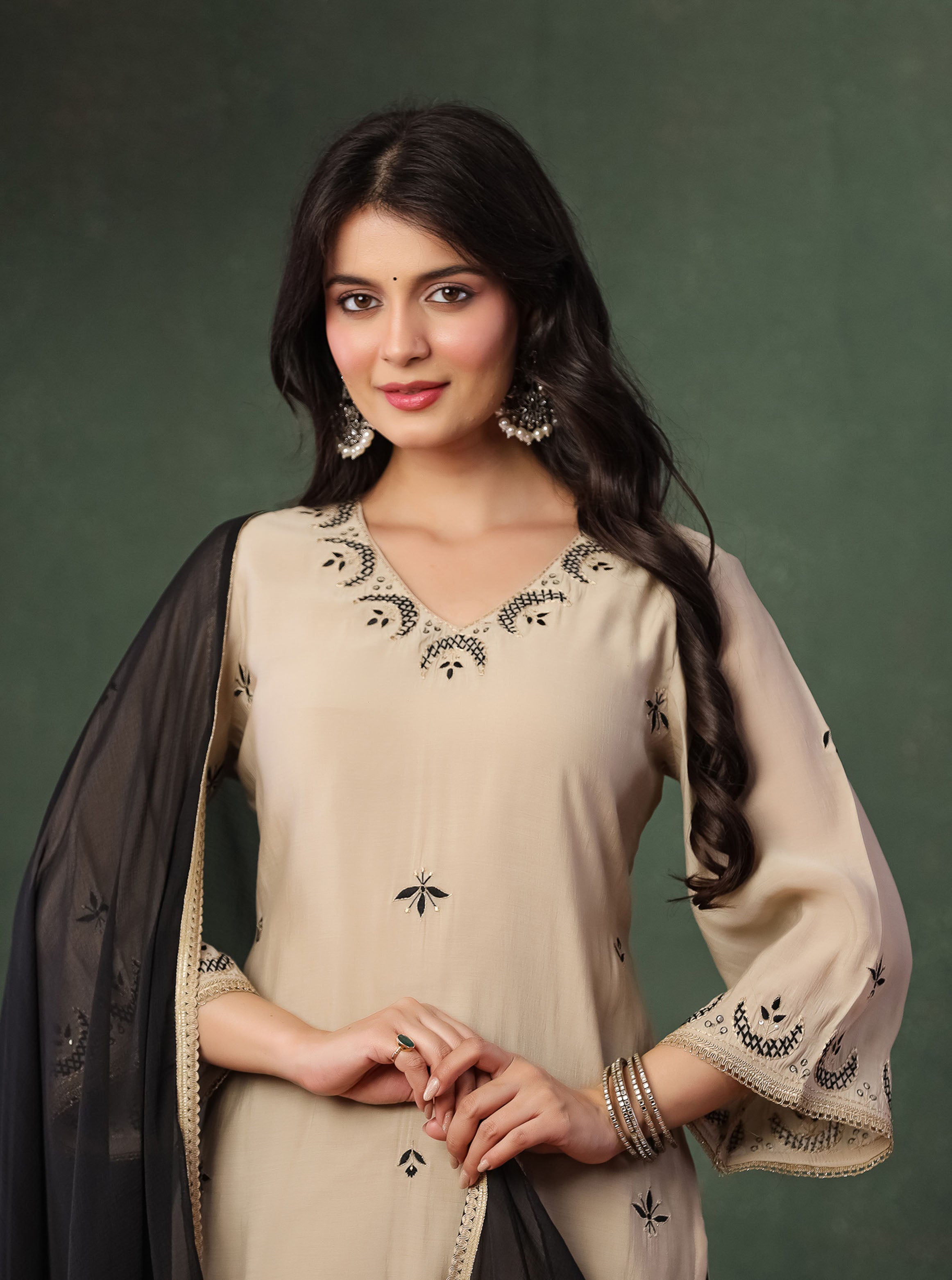 Beige Viscose Embroidered Kurta With Farshi Salwar And Dupatta