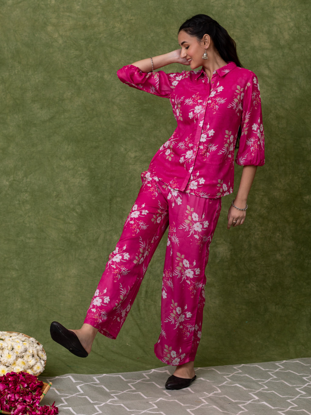 PINK SATIN SHIRT TOP CO-ORD SET WITH FLORAL JAAL