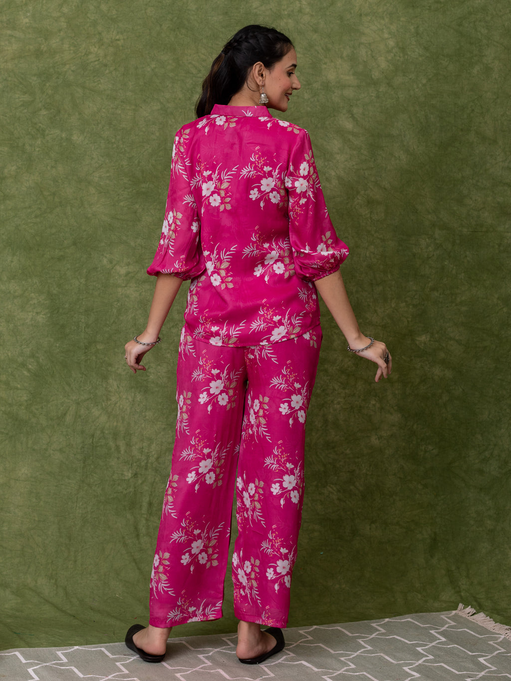 PINK SATIN SHIRT TOP CO-ORD SET WITH FLORAL JAAL