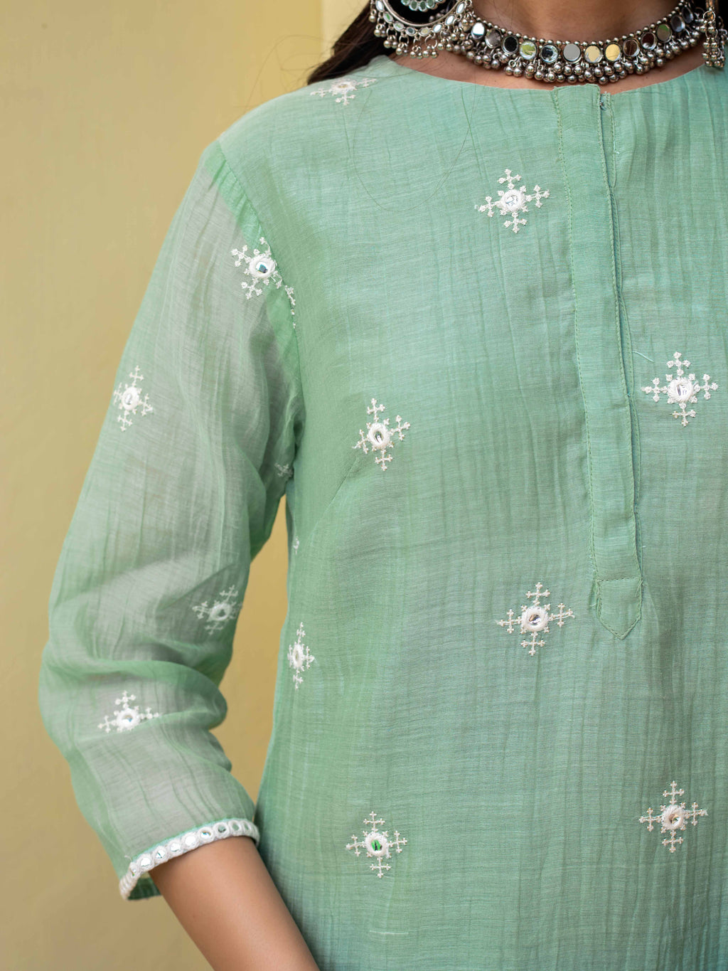 Pastel green mirror embroidery A-line co-ordset