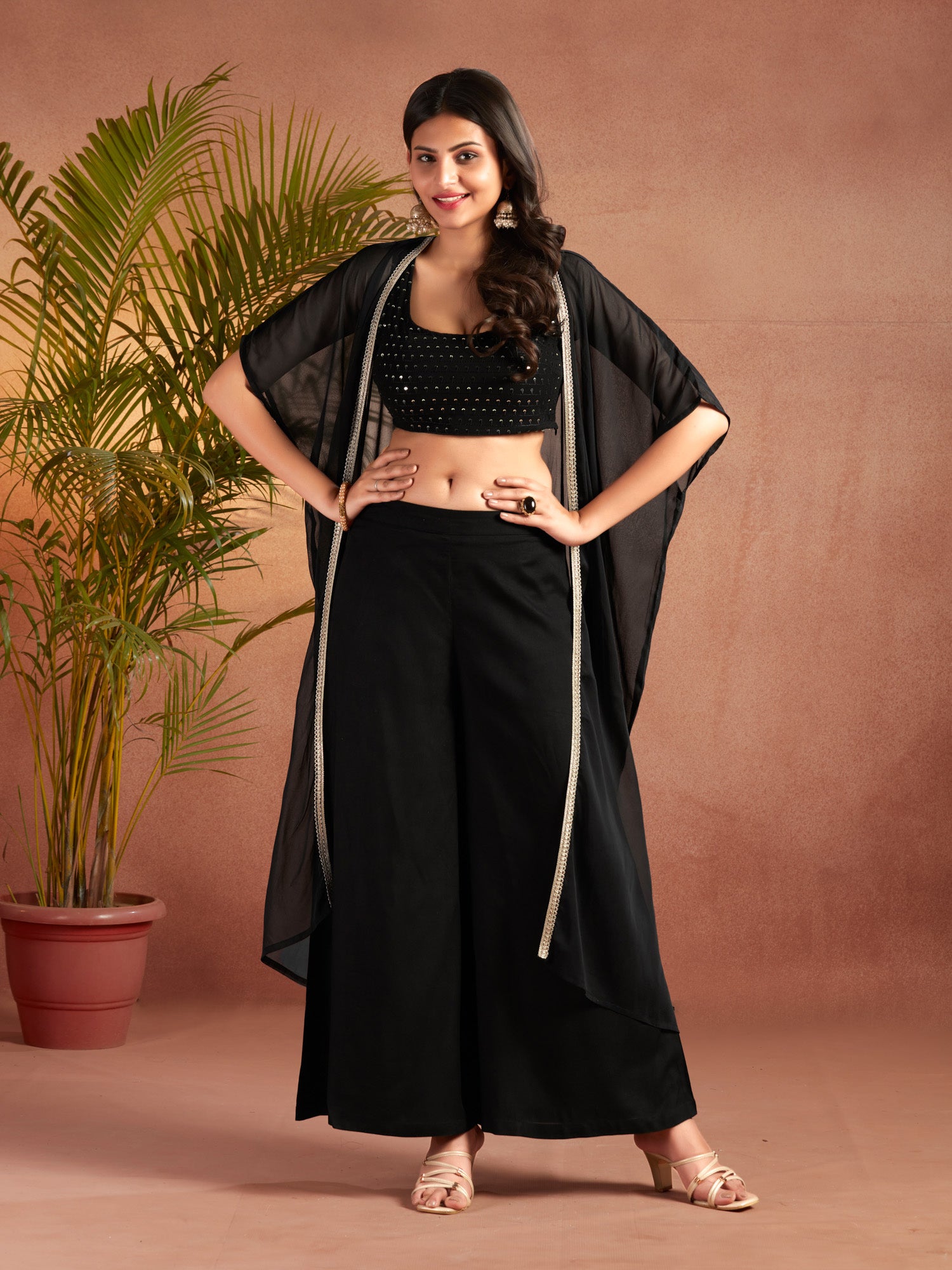 Black Viscose Straight Fit Embroidered Crop Top Co-Ord Set With Shrug