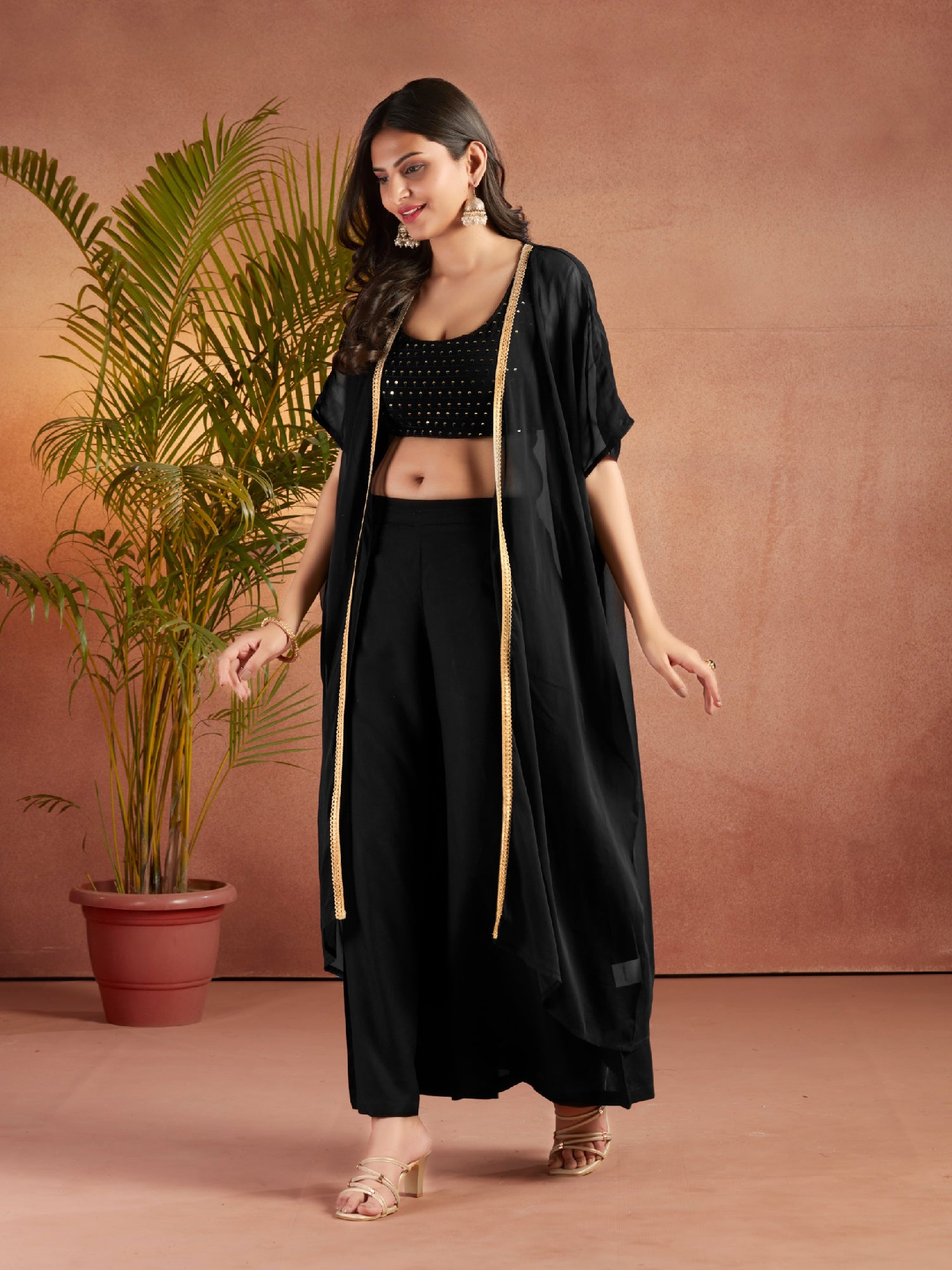 Black Viscose Straight Fit Embroidered Crop Top Co-Ord Set With Shrug