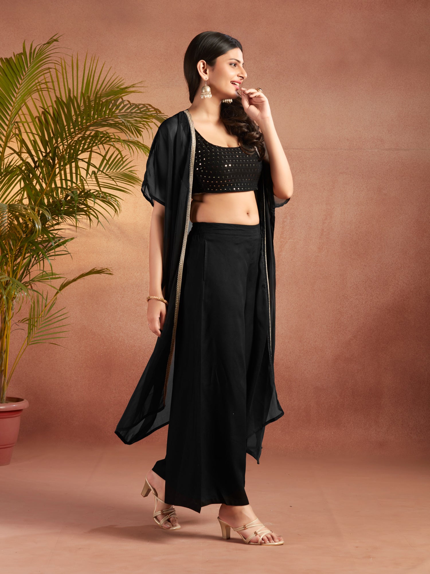 Black Viscose Straight Fit Embroidered Crop Top Co-Ord Set With Shrug
