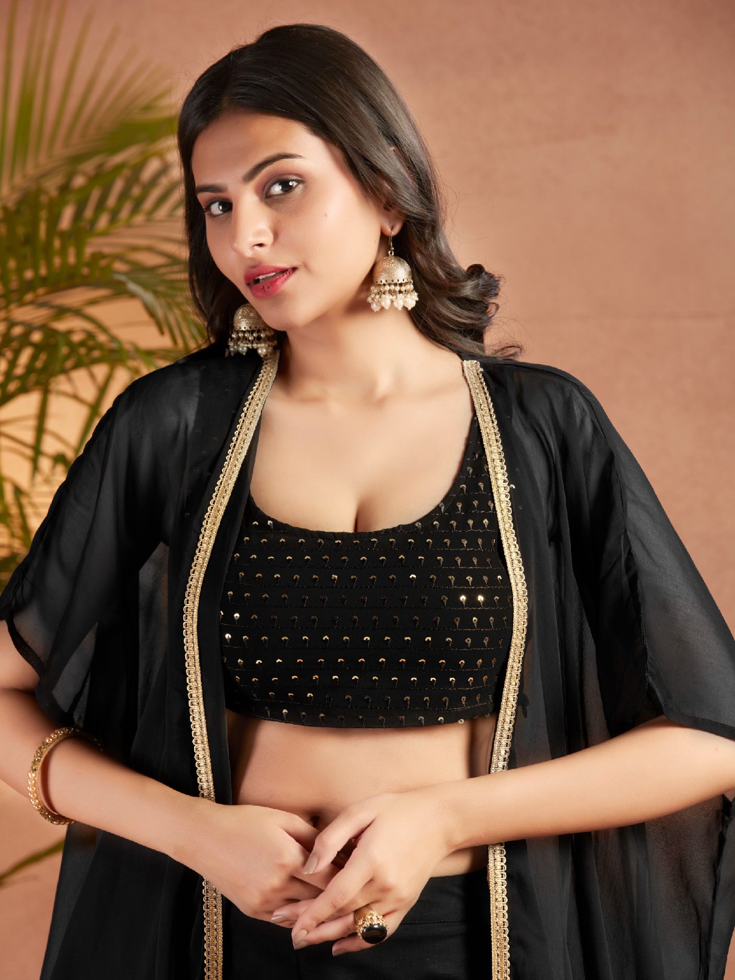 Black Viscose Straight Fit Embroidered Crop Top Co-Ord Set With Shrug
