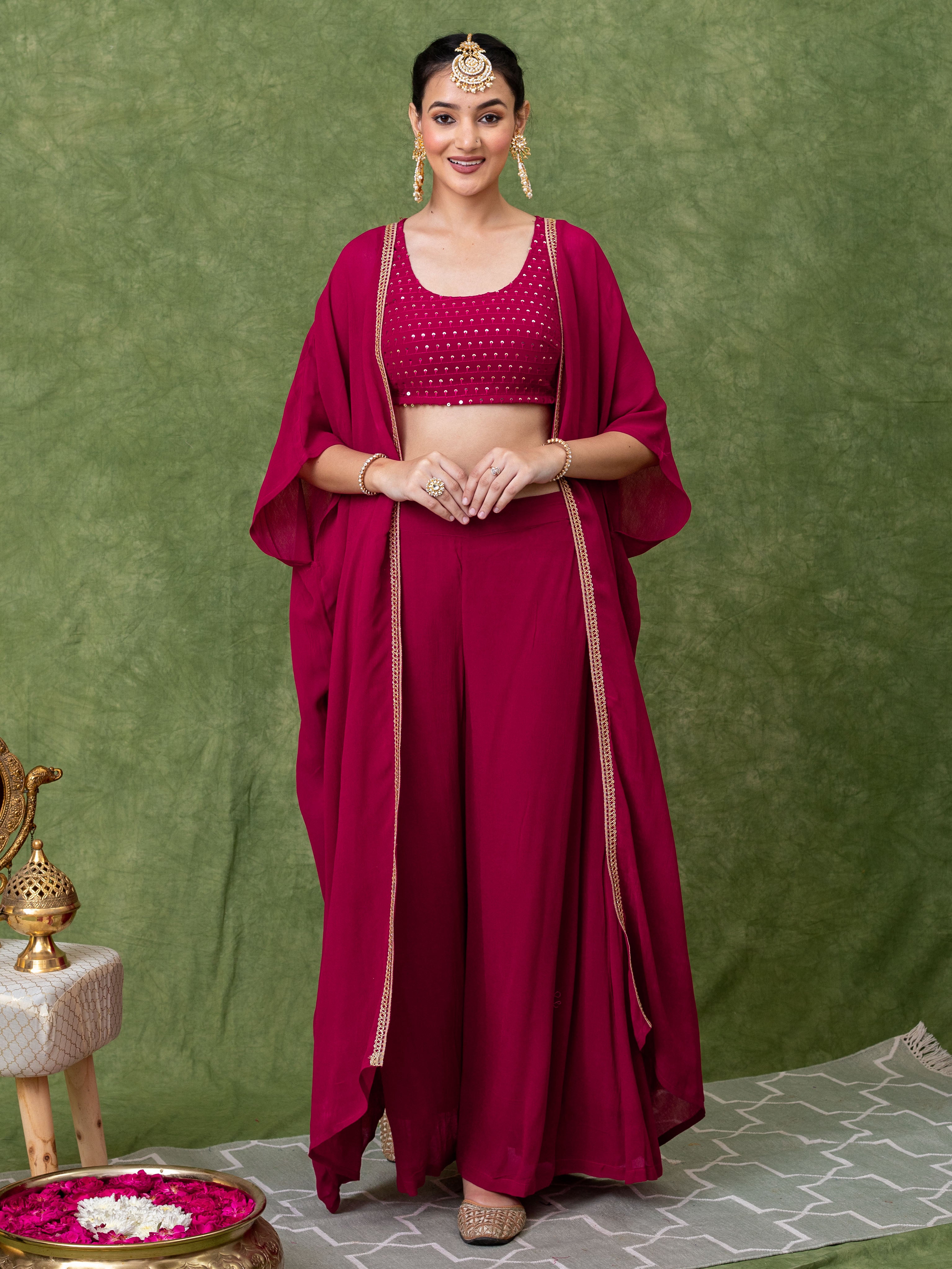 Pink Georgette Straight Fit Embroidered Crop Top Co-Ord Set With Shrug