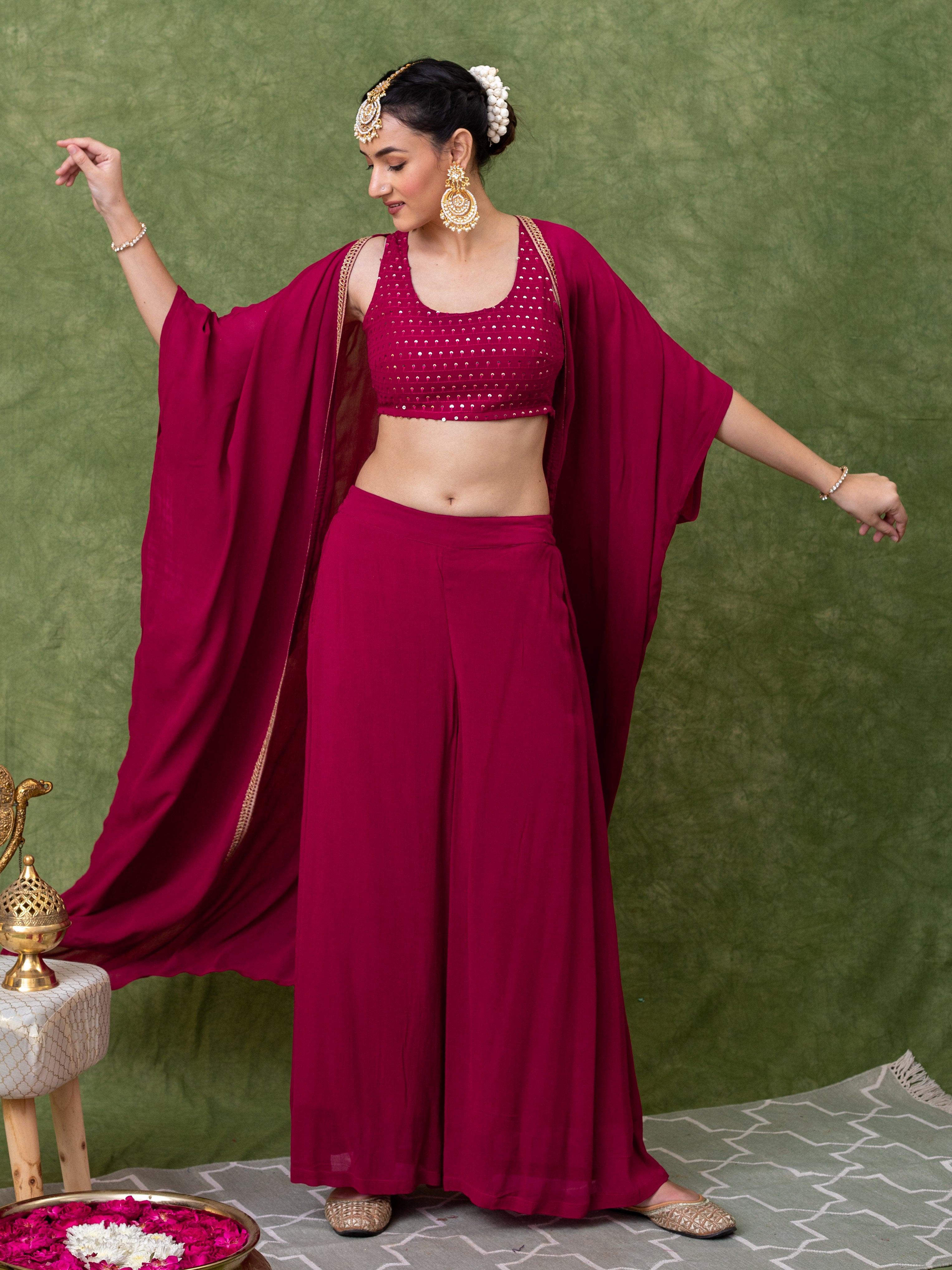 Pink Georgette Straight Fit Embroidered Crop Top Co-Ord Set With Shrug