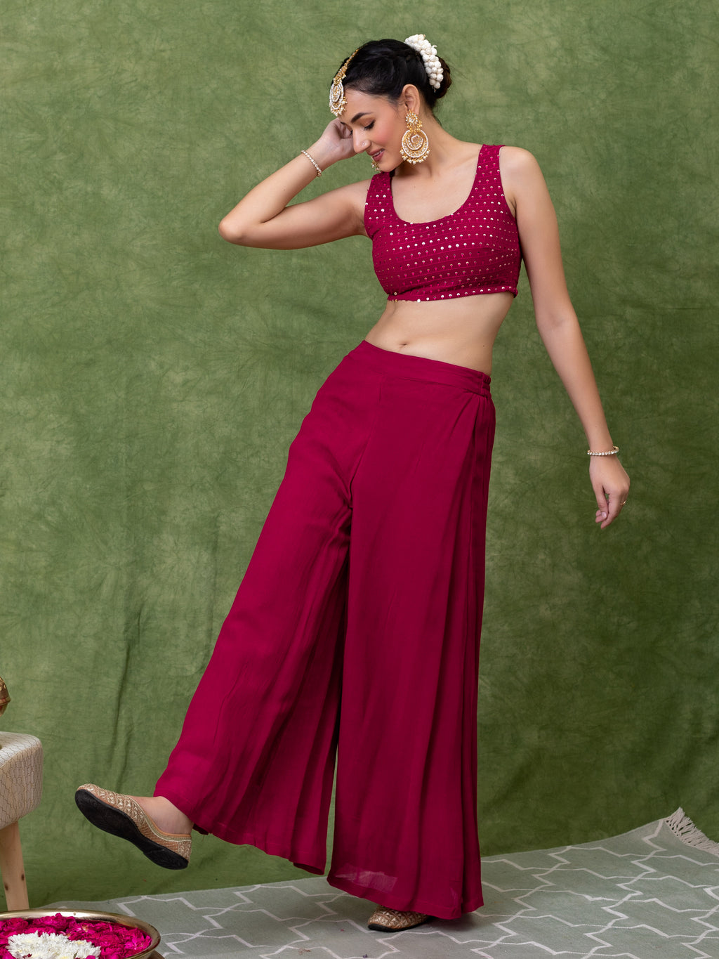 Pink Georgette Straight Fit Embroidered Crop Top Co-Ord Set With Shrug