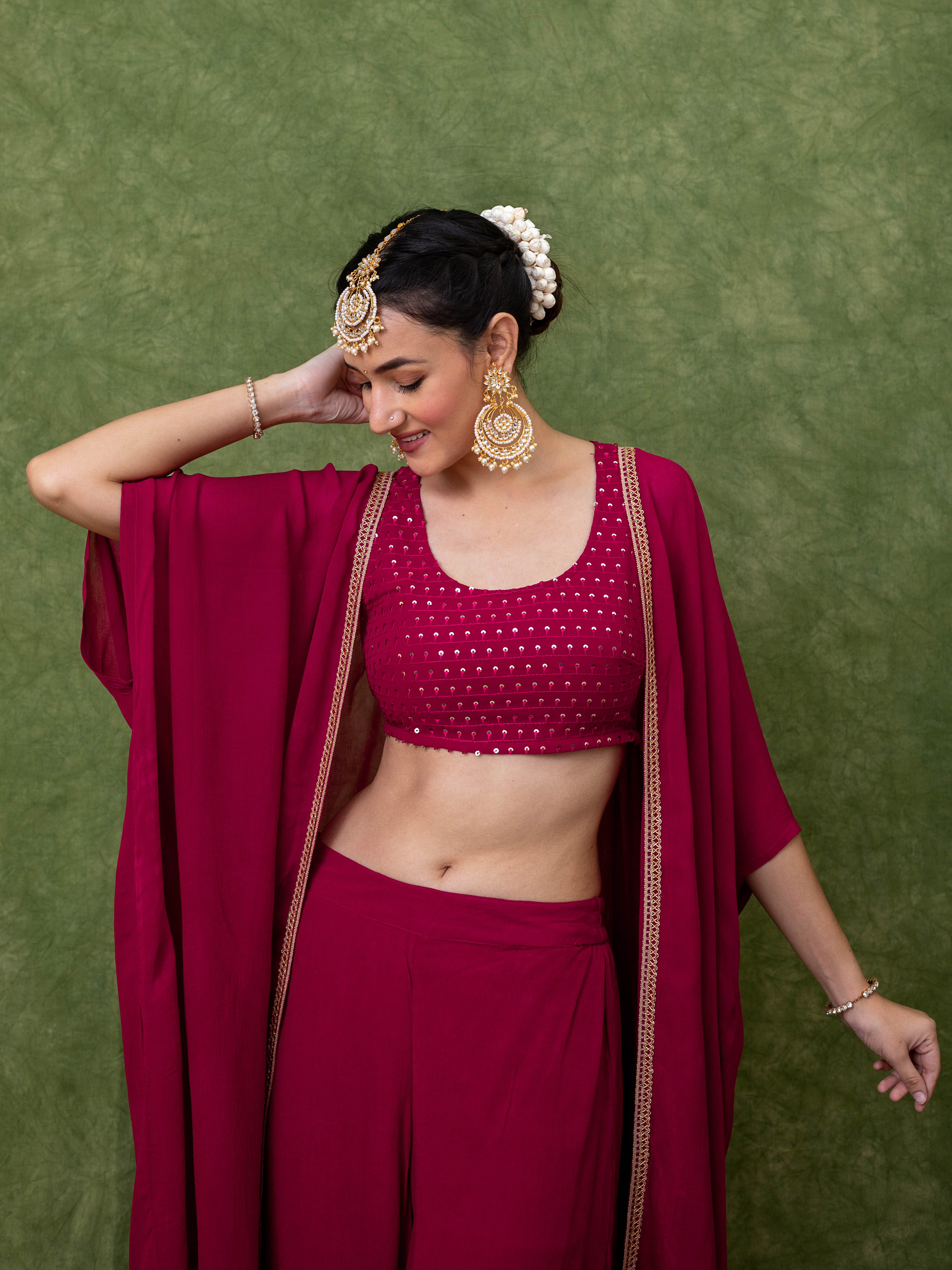 Pink Georgette Straight Fit Embroidered Crop Top Co-Ord Set With Shrug