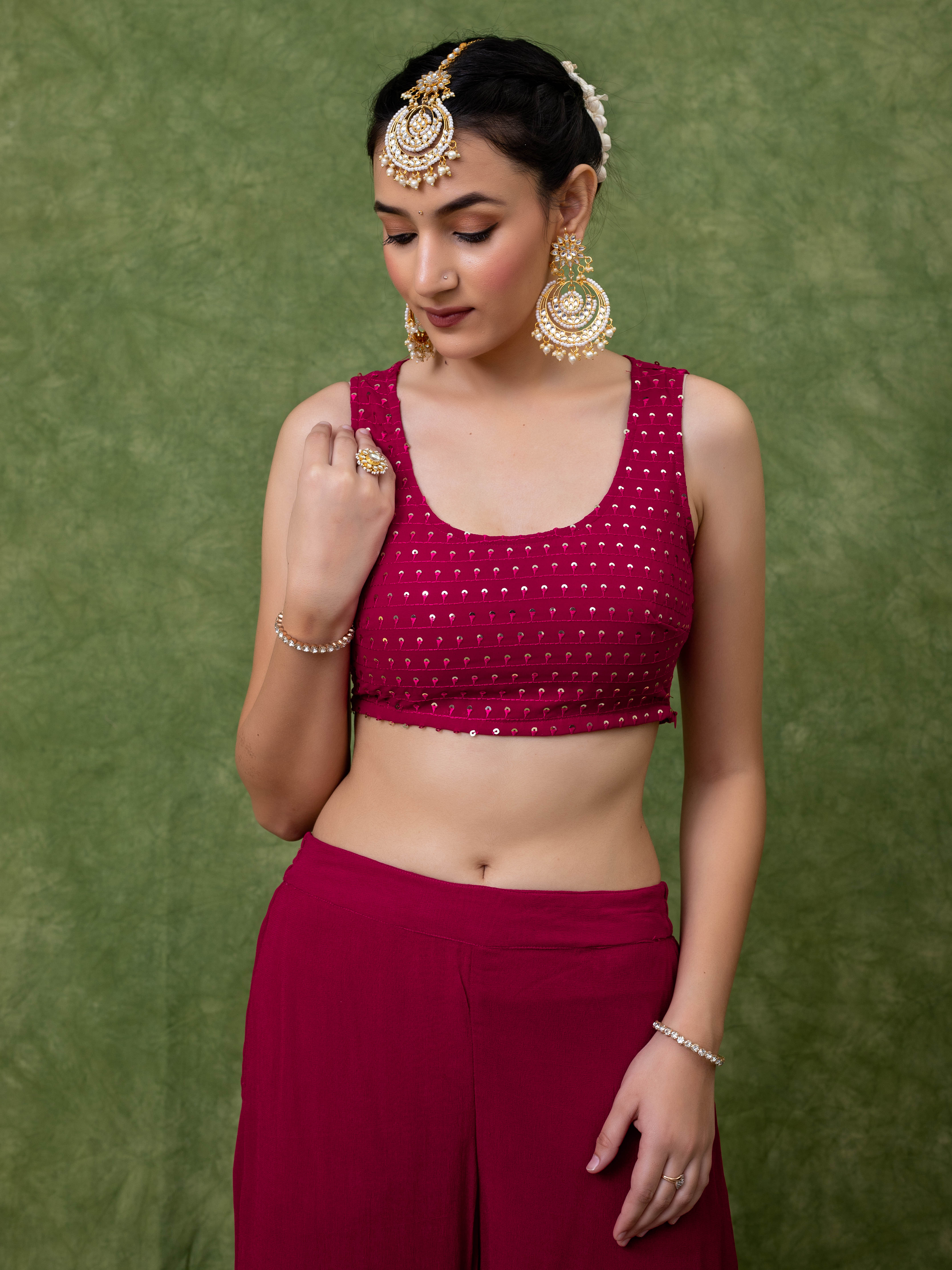 Pink Georgette Straight Fit Embroidered Crop Top Co-Ord Set With Shrug