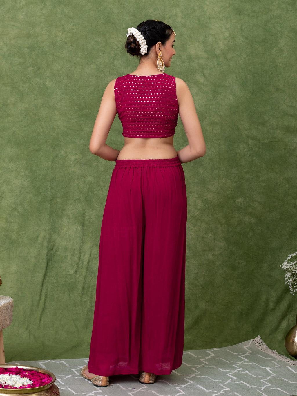 Pink Georgette Straight Fit Embroidered Crop Top Co-Ord Set With Shrug