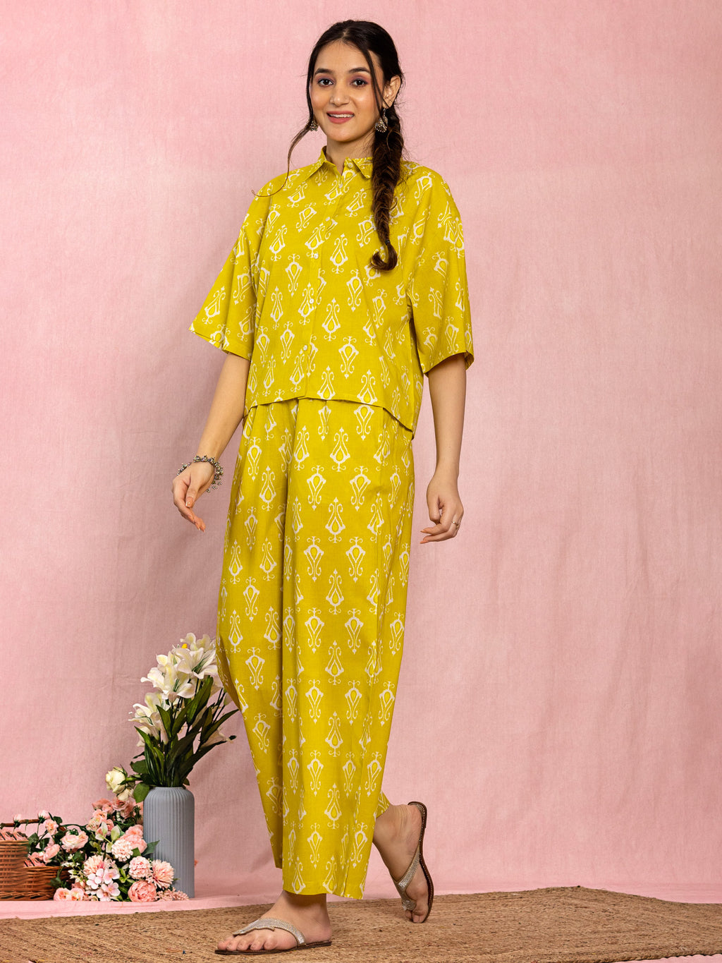 Yellow Cotton Relax Fit Printed Co-ord Set