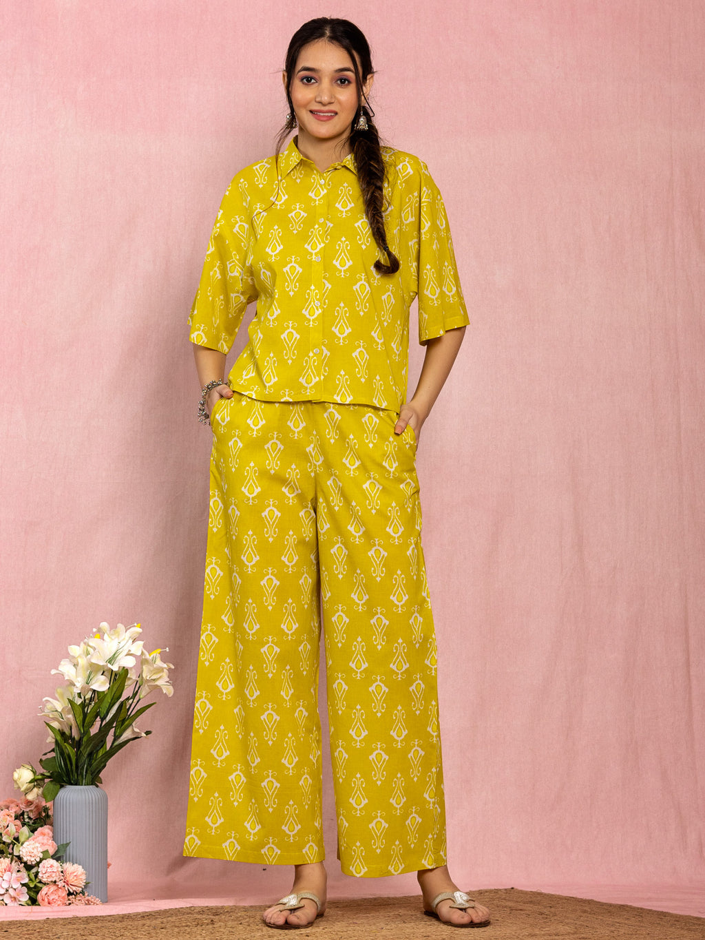 Yellow Cotton Relax Fit Printed Co-ord Set