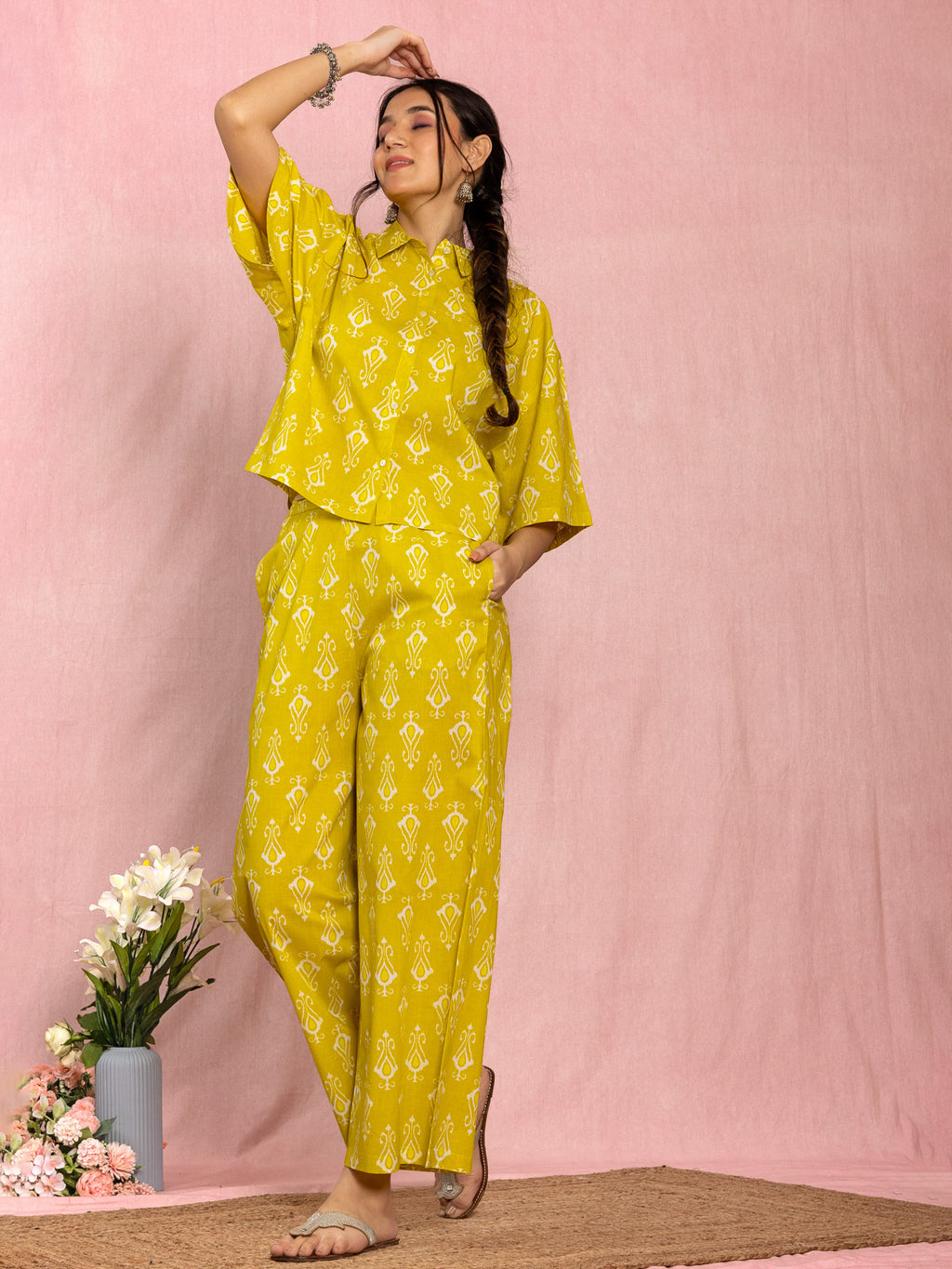 Yellow Cotton Relax Fit Printed Co-ord Set