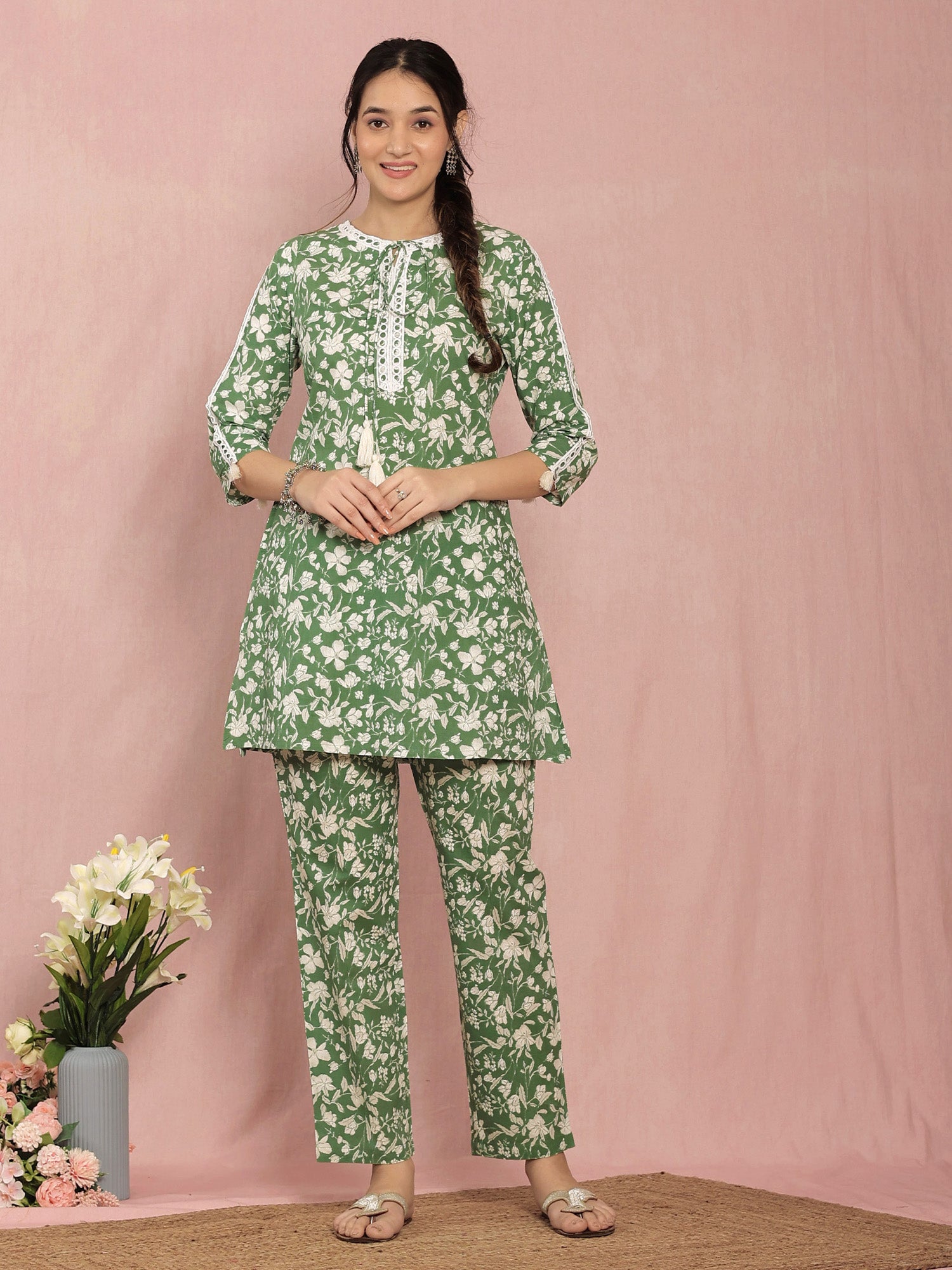 Green Cotton A-line Floral Printed Co-ord Set