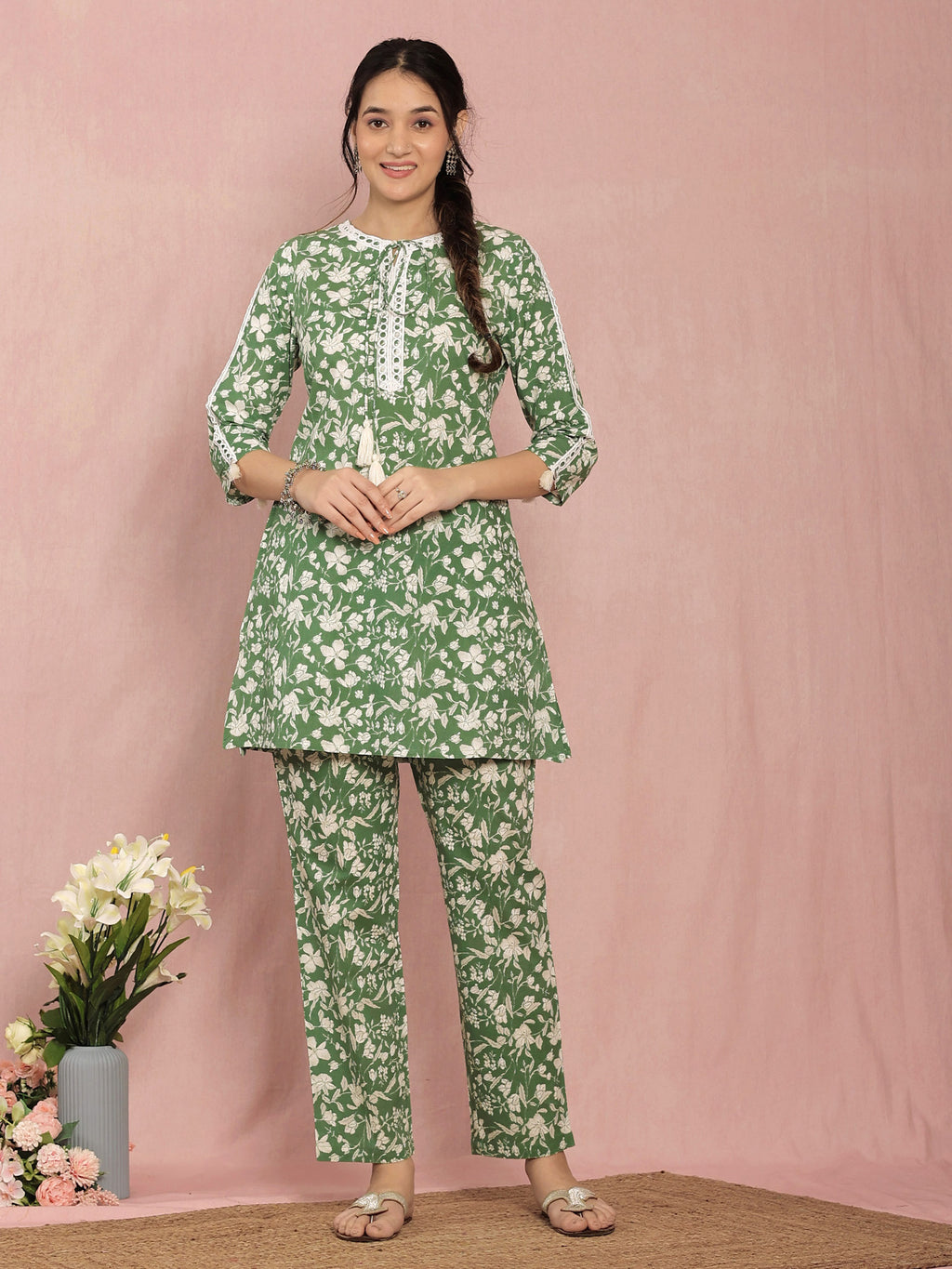 Green Cotton A-line Floral Printed Co-ord Set