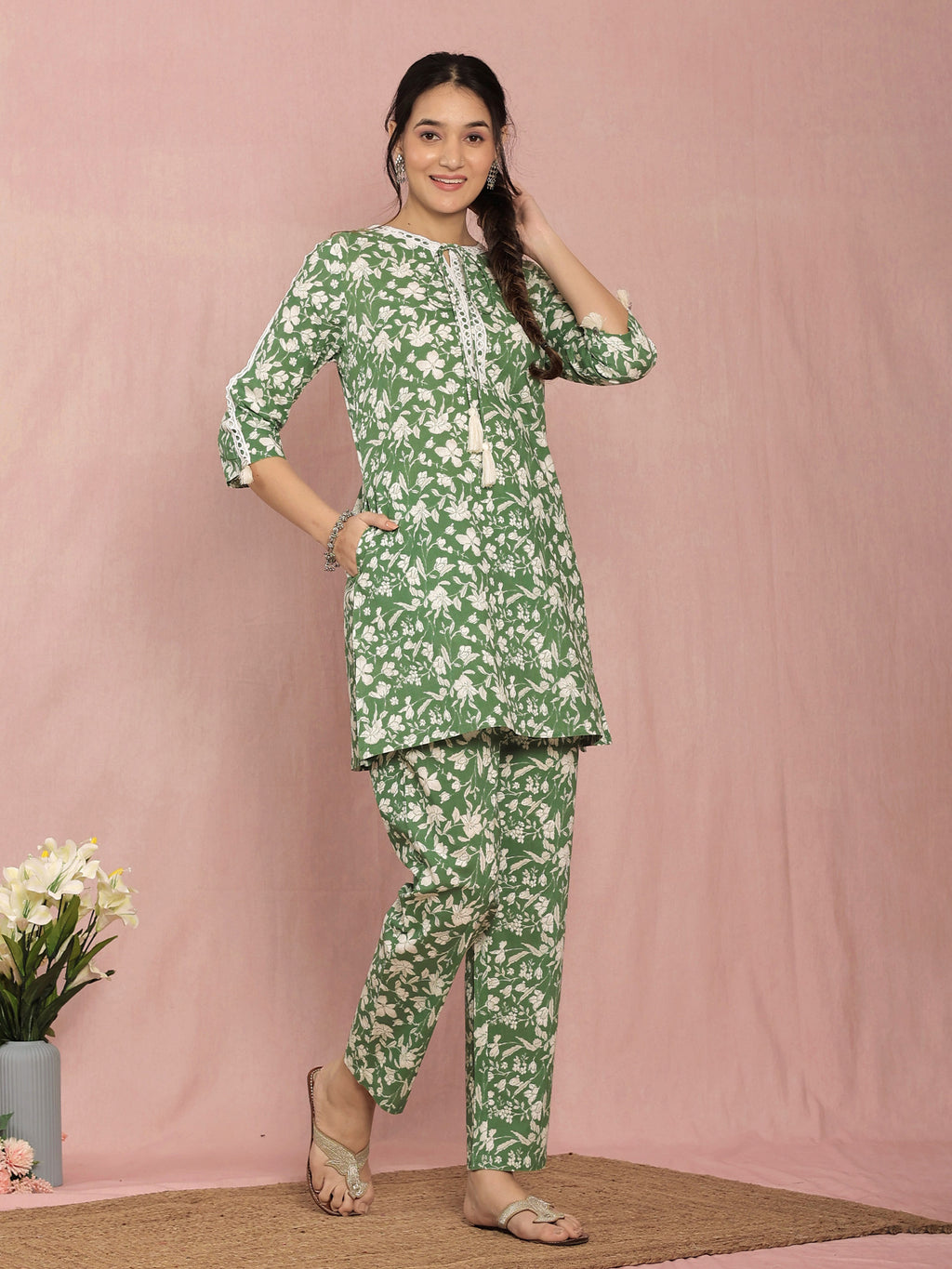 Green Cotton A-line Floral Printed Co-ord Set