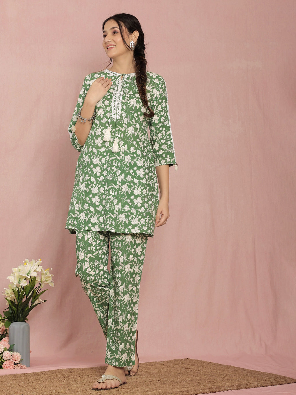 Green Cotton A-line Floral Printed Co-ord Set