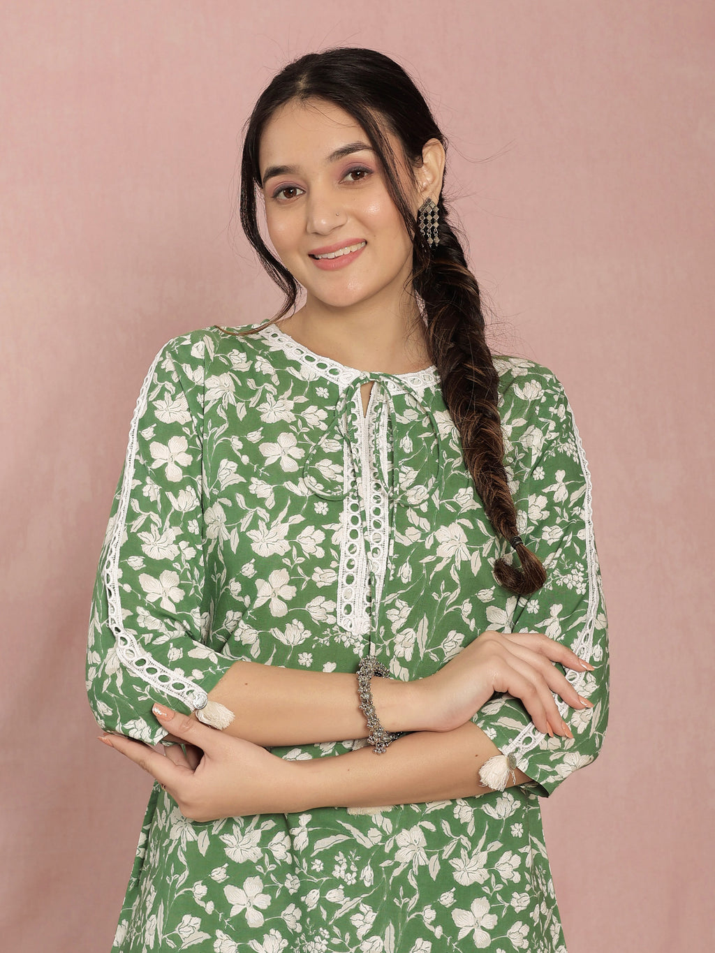 Green Cotton A-line Floral Printed Co-ord Set