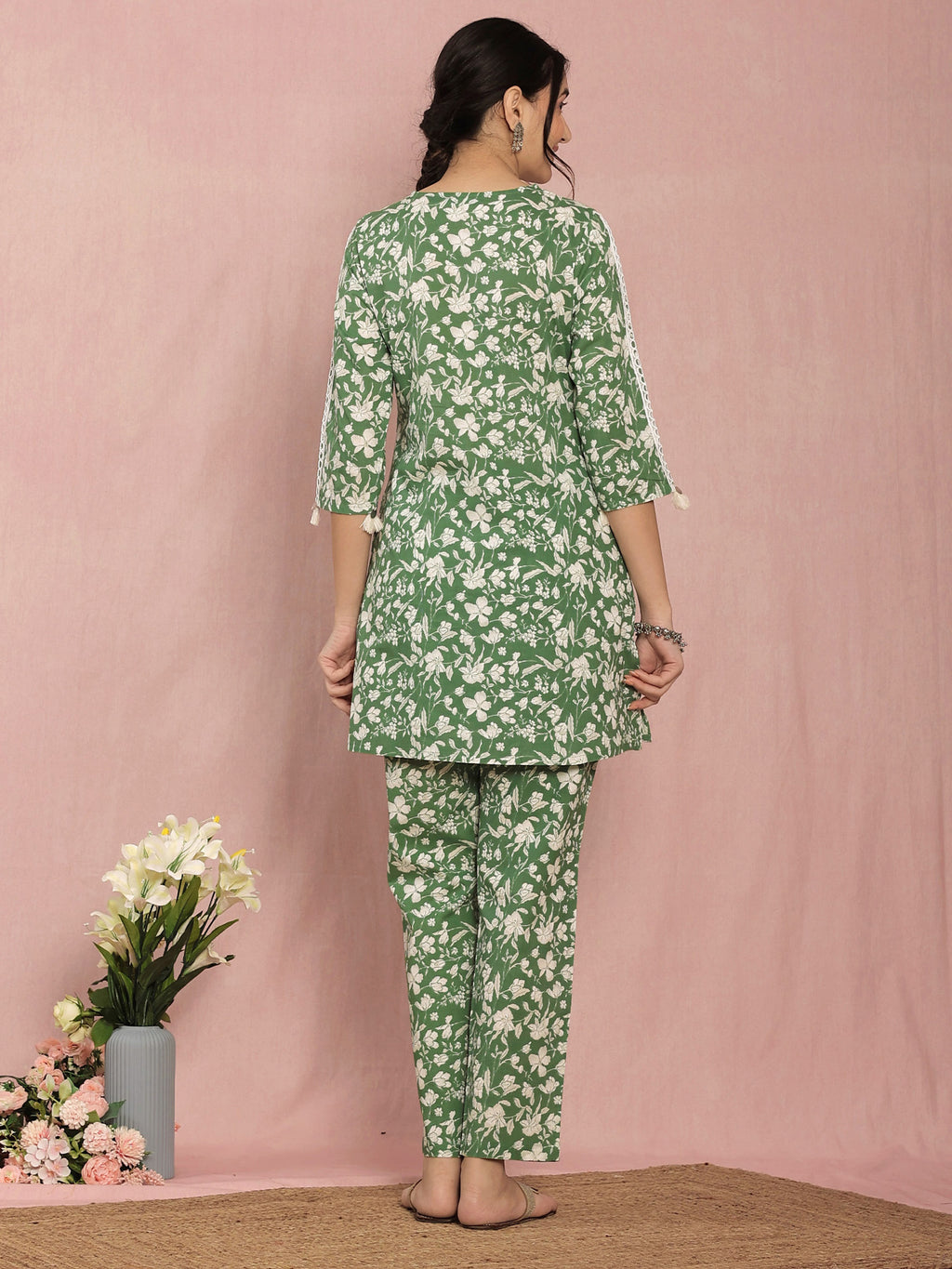 Green Cotton A-line Floral Printed Co-ord Set