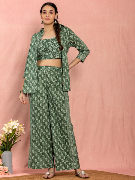 Green Cotton Relaxed Fit Floral Printed Co-ord Set