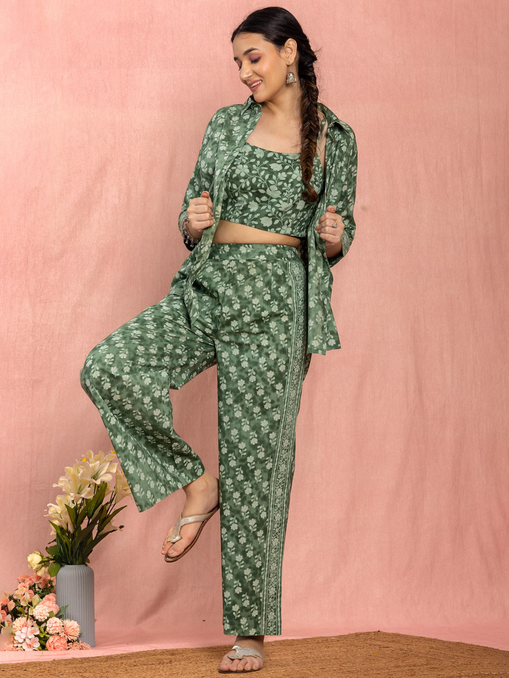 Green Cotton Relaxed Fit Floral Printed Co-ord Set