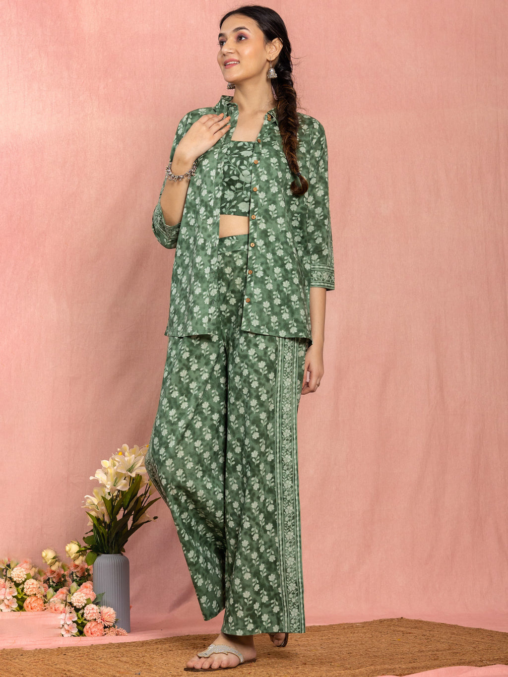 Green Cotton Relaxed Fit Floral Printed Co-ord Set