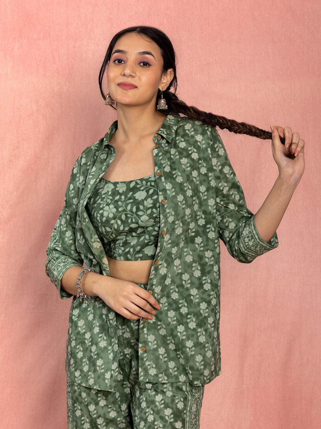 Green Cotton Relaxed Fit Floral Printed Co-ord Set