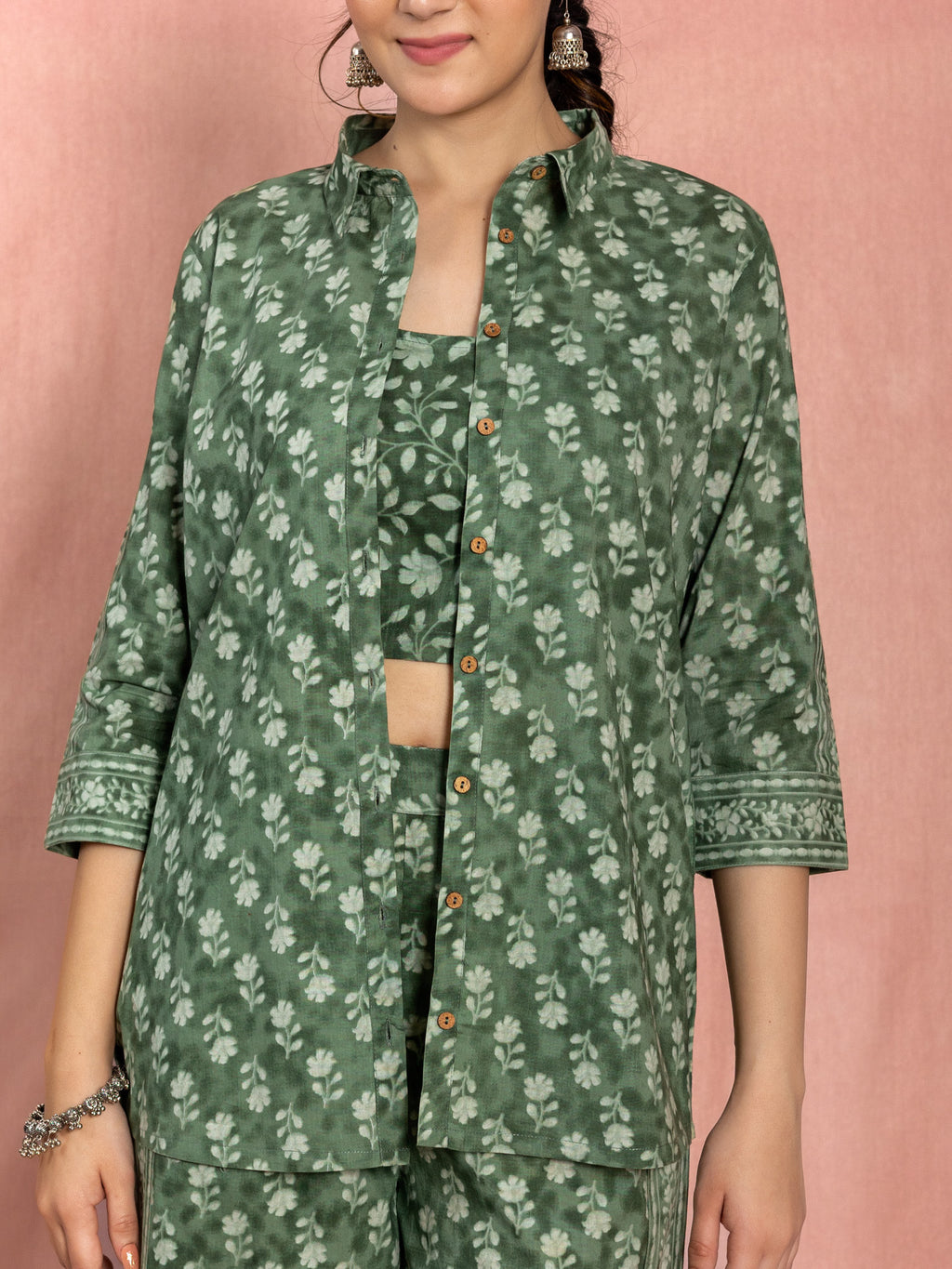 Green Cotton Relaxed Fit Floral Printed Co-ord Set