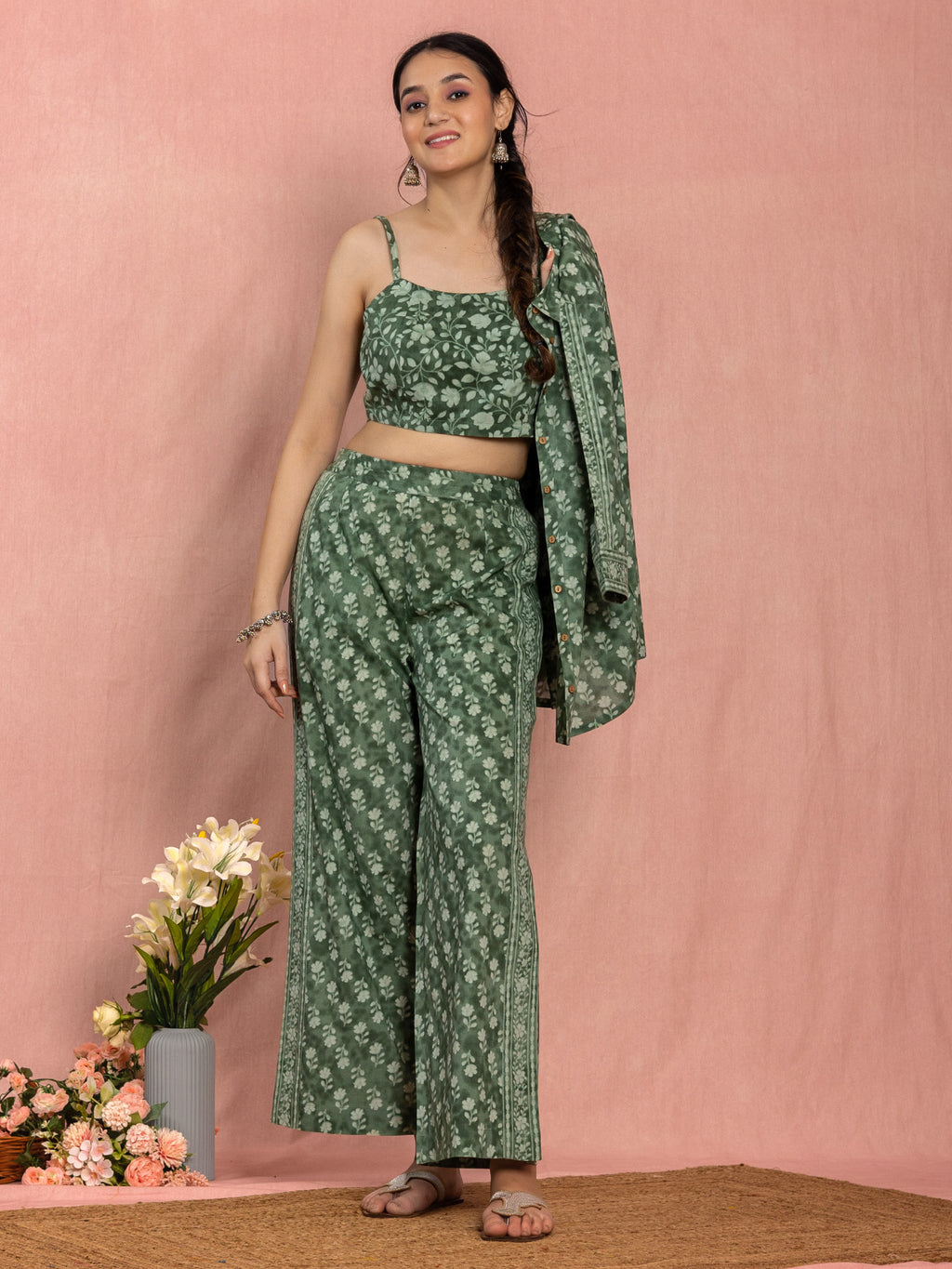 Green Cotton Relaxed Fit Floral Printed Co-ord Set