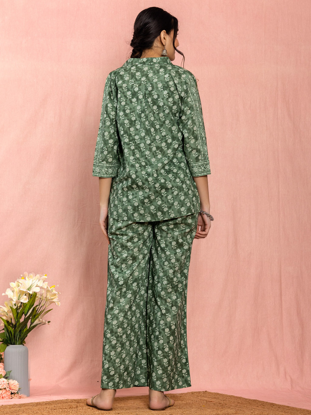 Green Cotton Relaxed Fit Floral Printed Co-ord Set