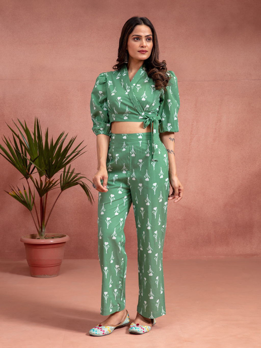 Green Cotton Straight Fit Floral Printed Wrap Top Co-Ord Set