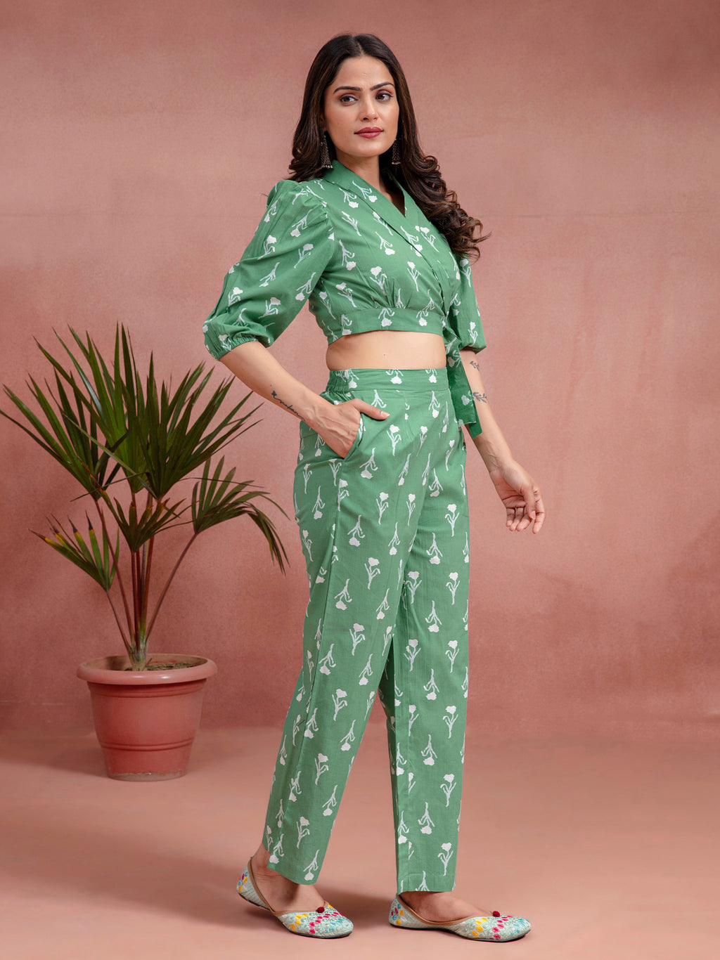 Green Cotton Straight Fit Floral Printed Wrap Top Co-Ord Set